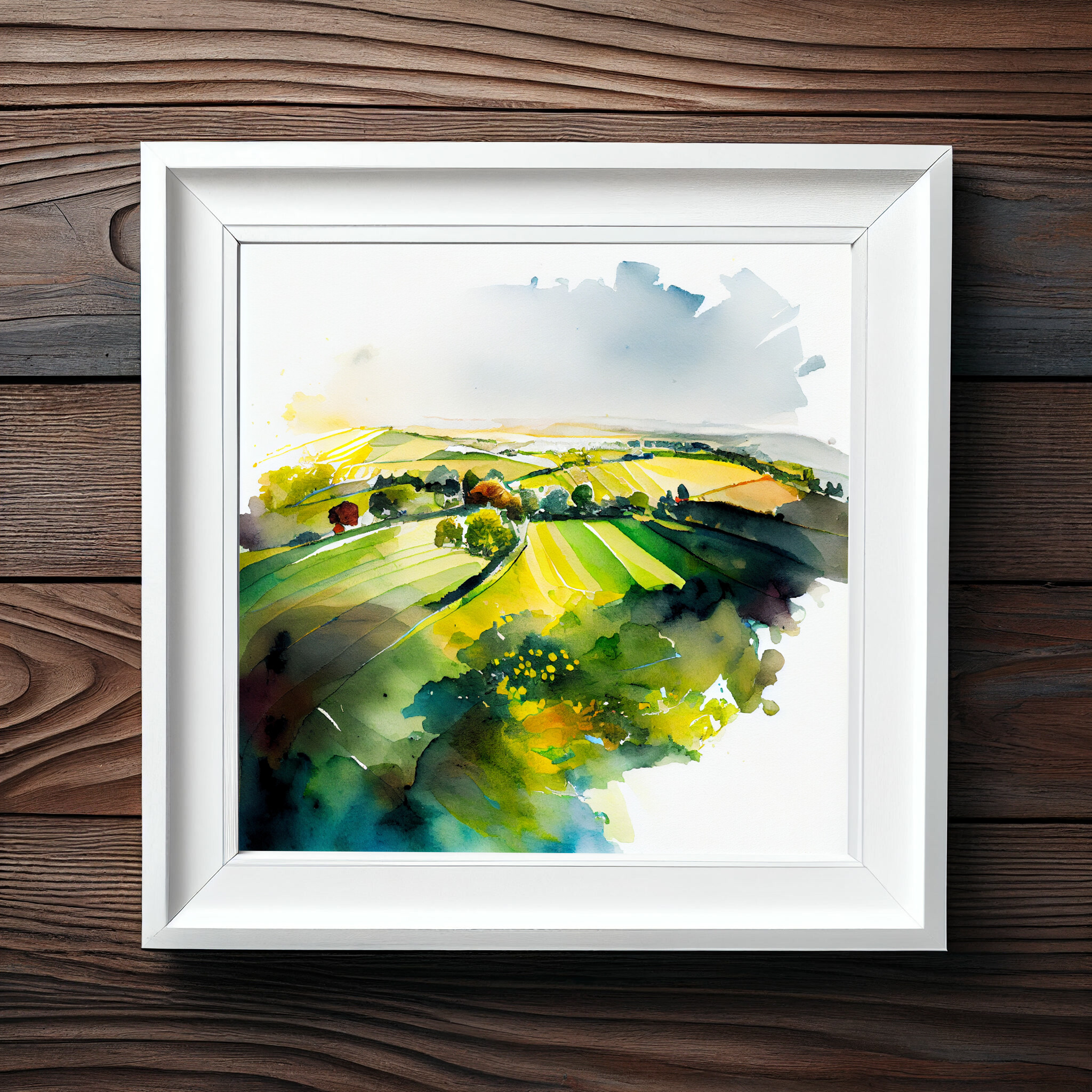Southdowns Watercolor Landscape Green Countryside Living Room Art | Serene Home Decor -