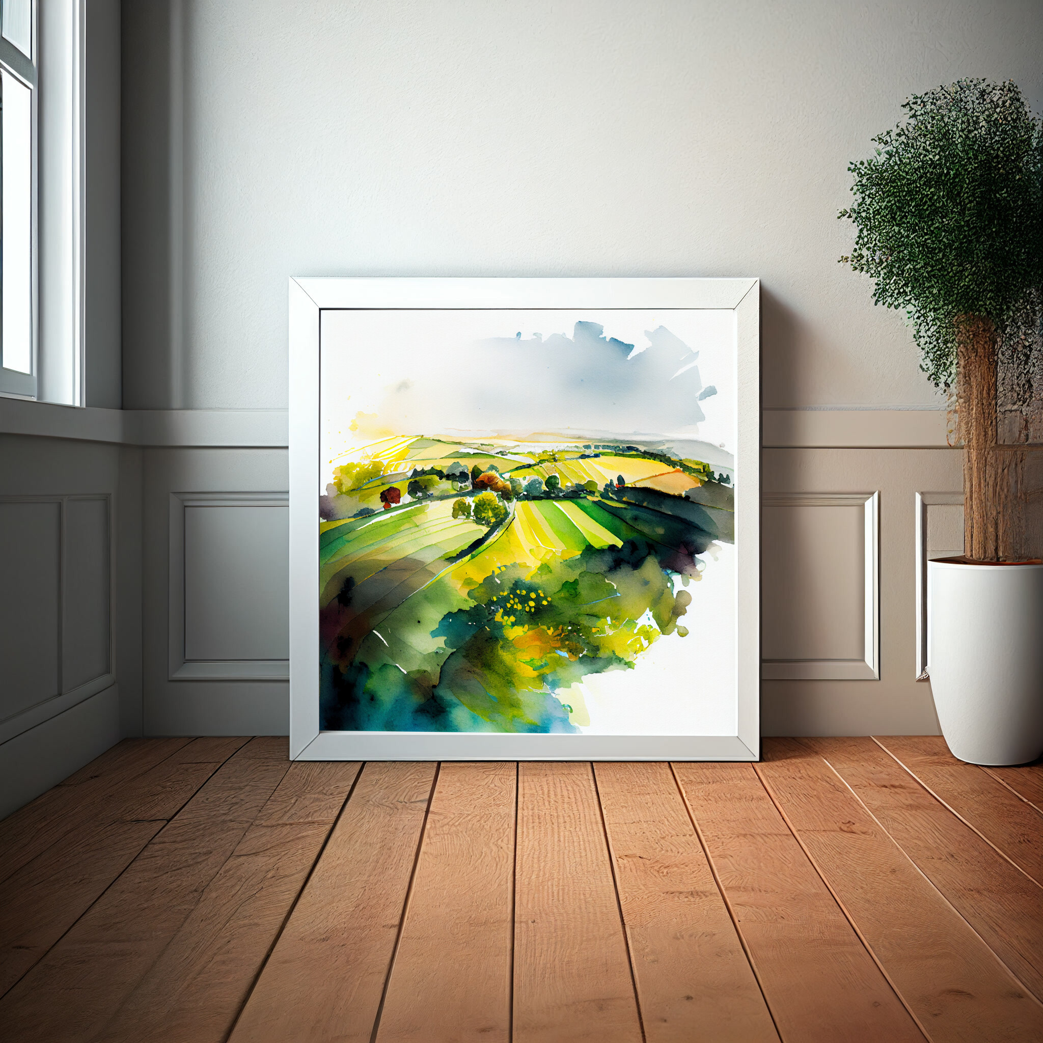 Southdowns Watercolor Landscape Green Countryside Living Room Art | Serene Home Decor -