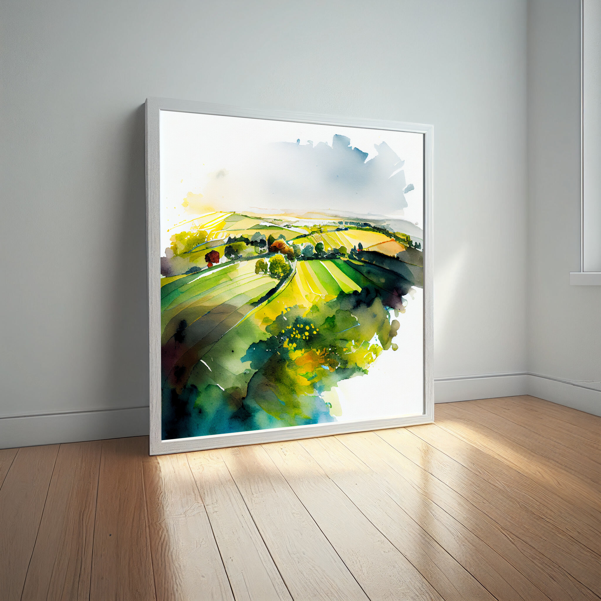 Southdowns Watercolor Landscape Green Countryside Living Room Art | Serene Home Decor -