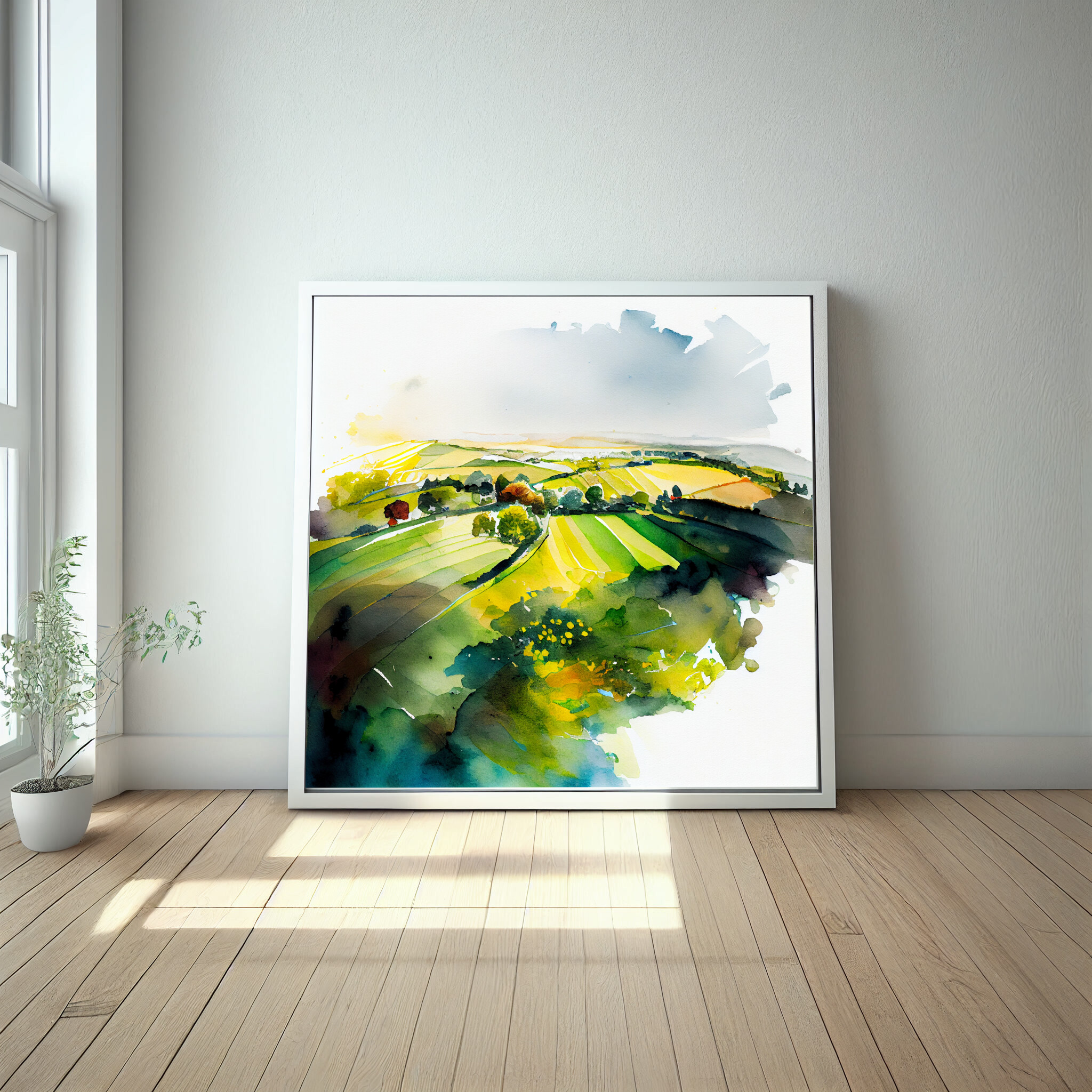 Southdowns Watercolor Landscape Green Countryside Living Room Art | Serene Home Decor -