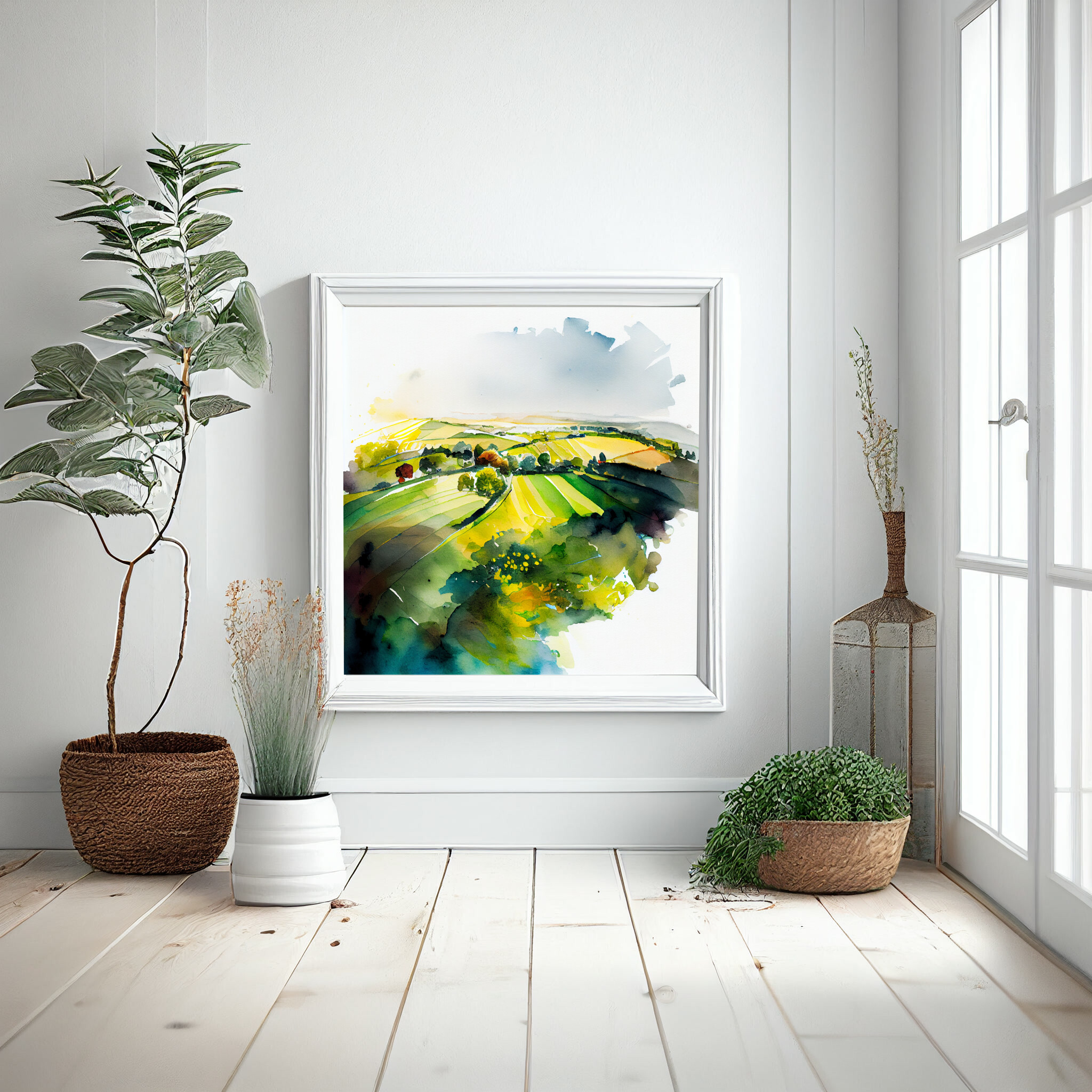 Southdowns Watercolor Landscape Green Countryside Living Room Art | Serene Home Decor -