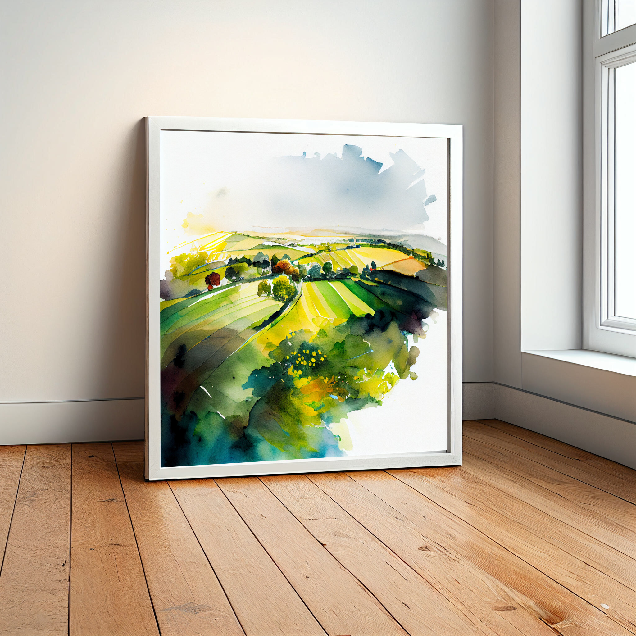 Southdowns Watercolor Landscape Green Countryside Living Room Art | Serene Home Decor -