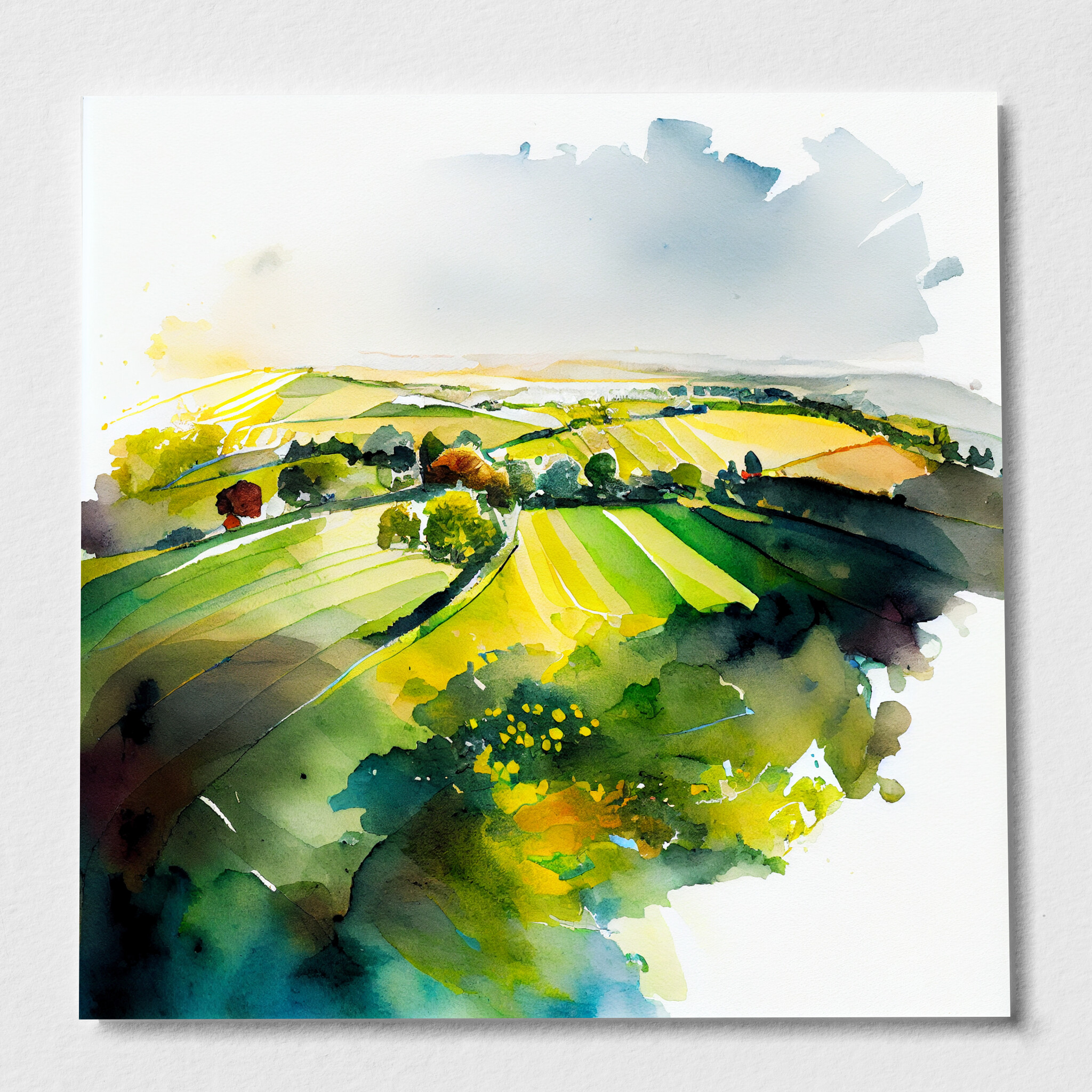 Southdowns Watercolor Landscape Green Countryside Living Room Art | Serene Home Decor - P