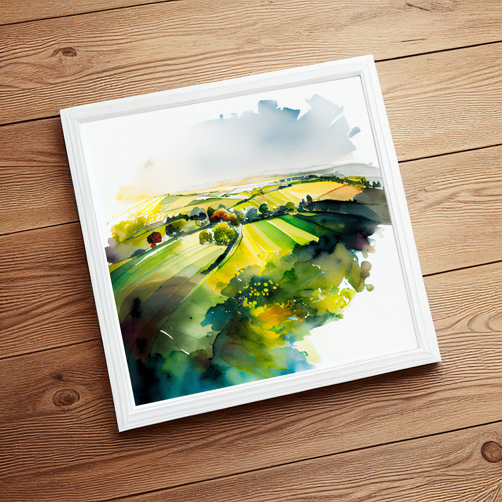 Southdowns Watercolor Landscape Green Countryside Living Room Art | Serene Home Decor -