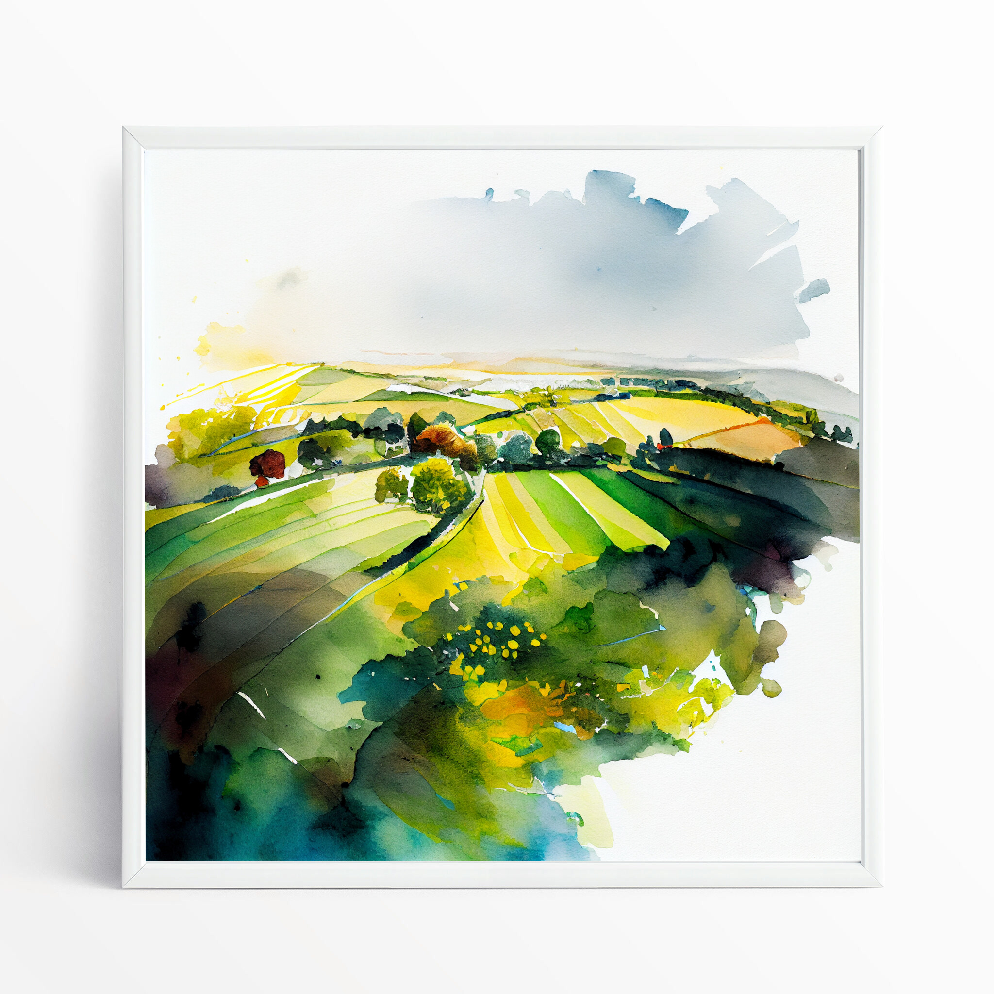 Southdowns Watercolor Landscape Green Countryside Living Room Art | Serene Home Decor