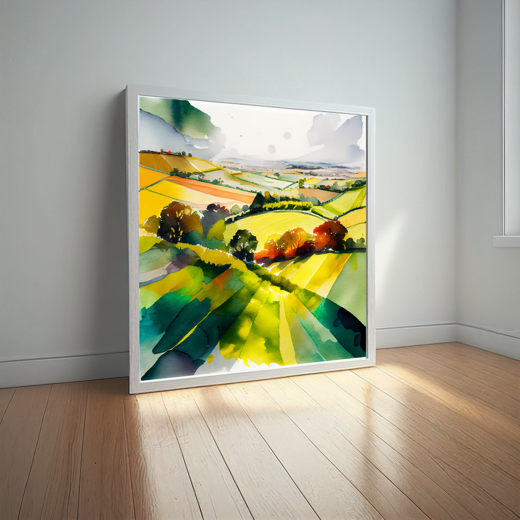 Southdowns Watercolour Green Earth Tones Living Room Wall Art | Serene Landscape Decor -