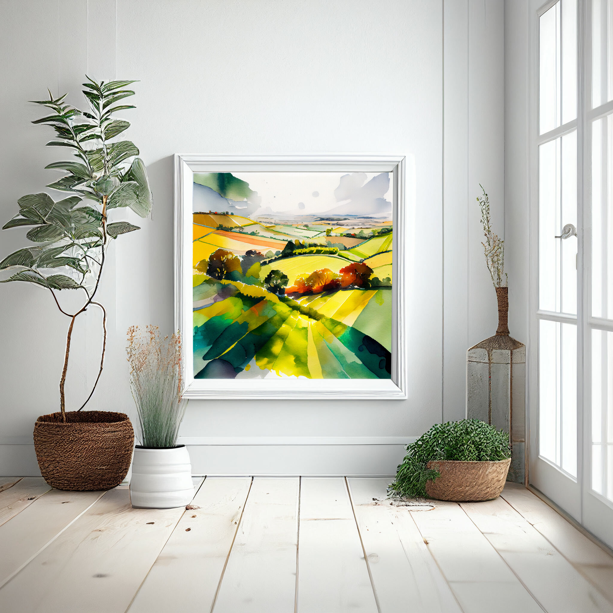 Southdowns Watercolour Green Earth Tones Living Room Wall Art | Serene Landscape Decor -