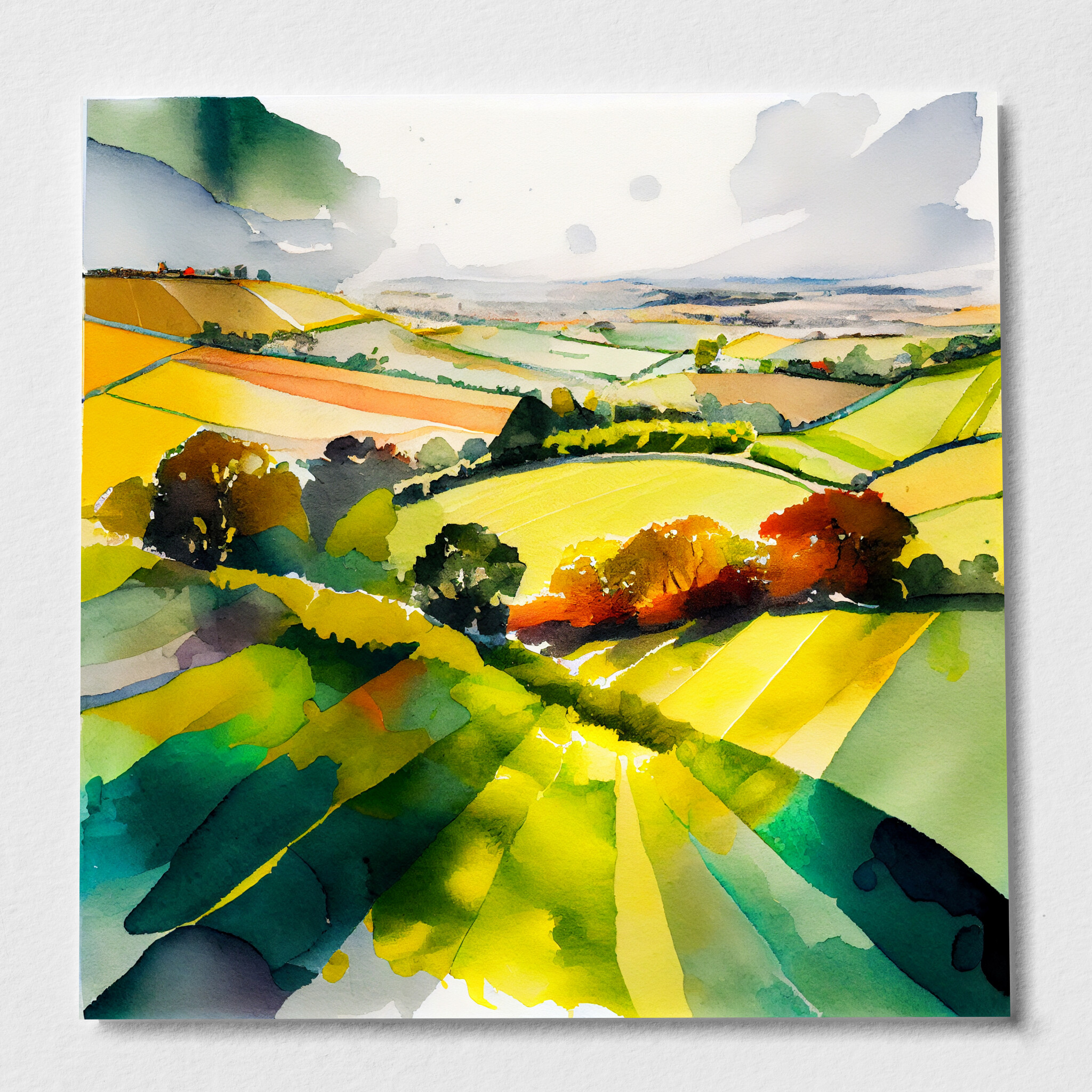 Southdowns Watercolour Green Earth Tones Living Room Wall Art | Serene Landscape Decor - P