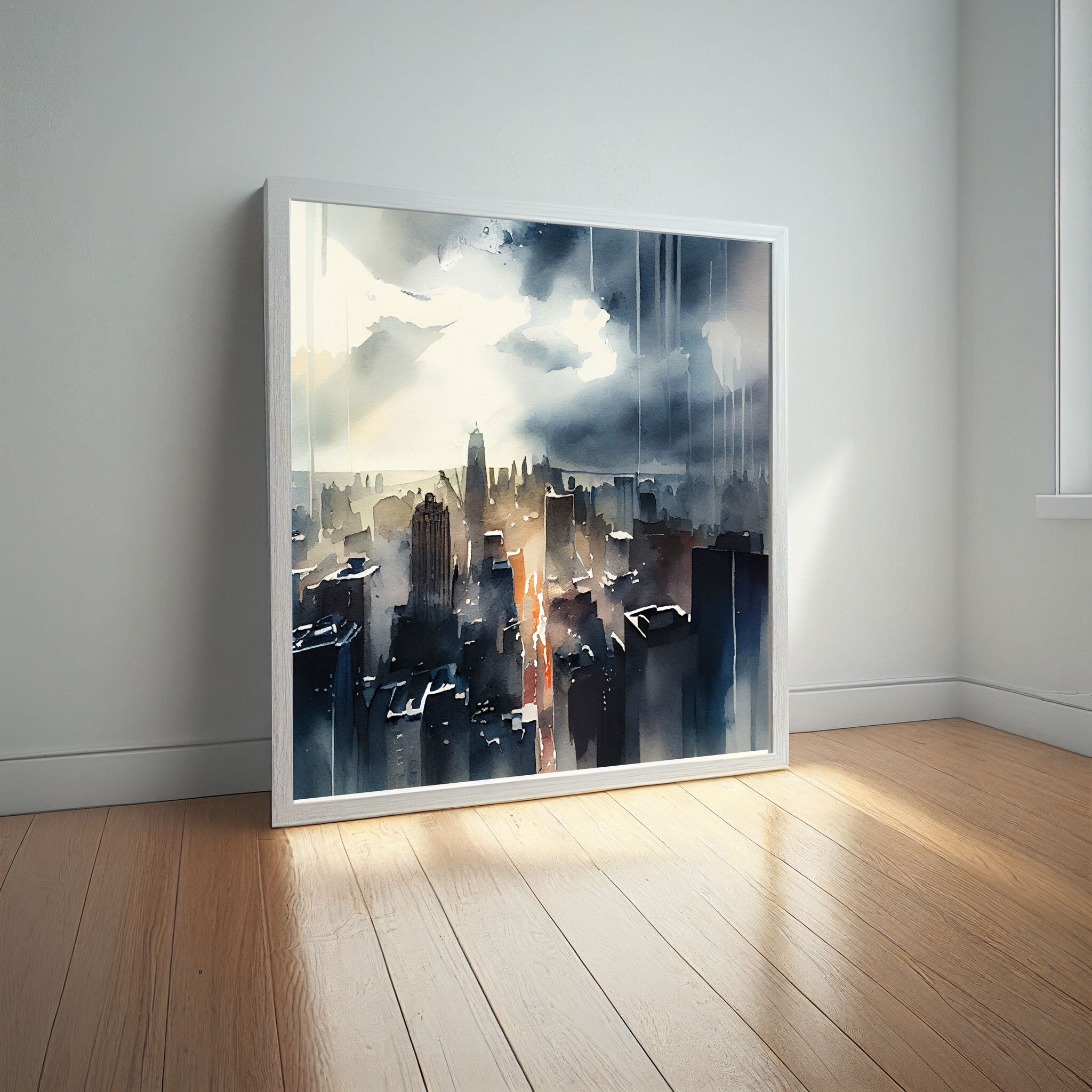 New York Cityscape Watercolour Grey Tones Living Room Wall Art | Modern Urban Canvas Print -