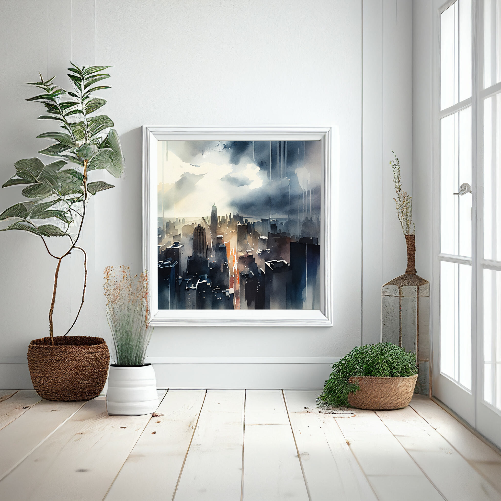 New York Cityscape Watercolour Grey Tones Living Room Wall Art | Modern Urban Canvas Print -