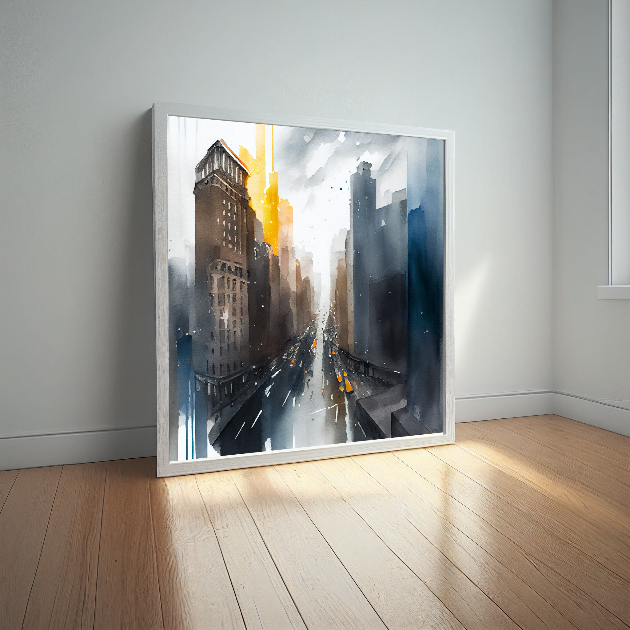 New York Cityscape Watercolour Grey Tones Living Room Wall Art | Modern Urban Home Decor -