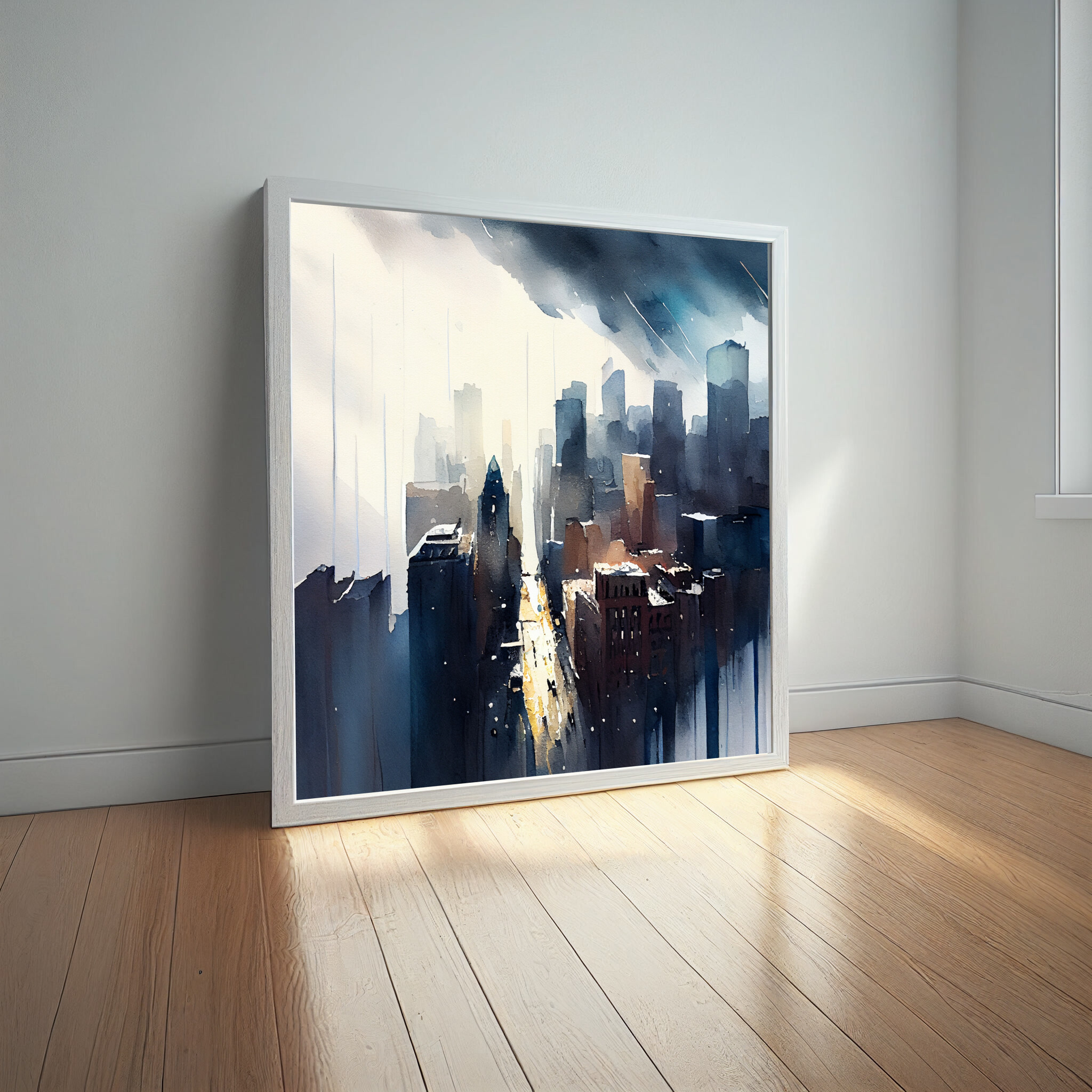 New York Cityscape Watercolor Blue Art Living Room Wall Art | Urban Scene Home Decor -