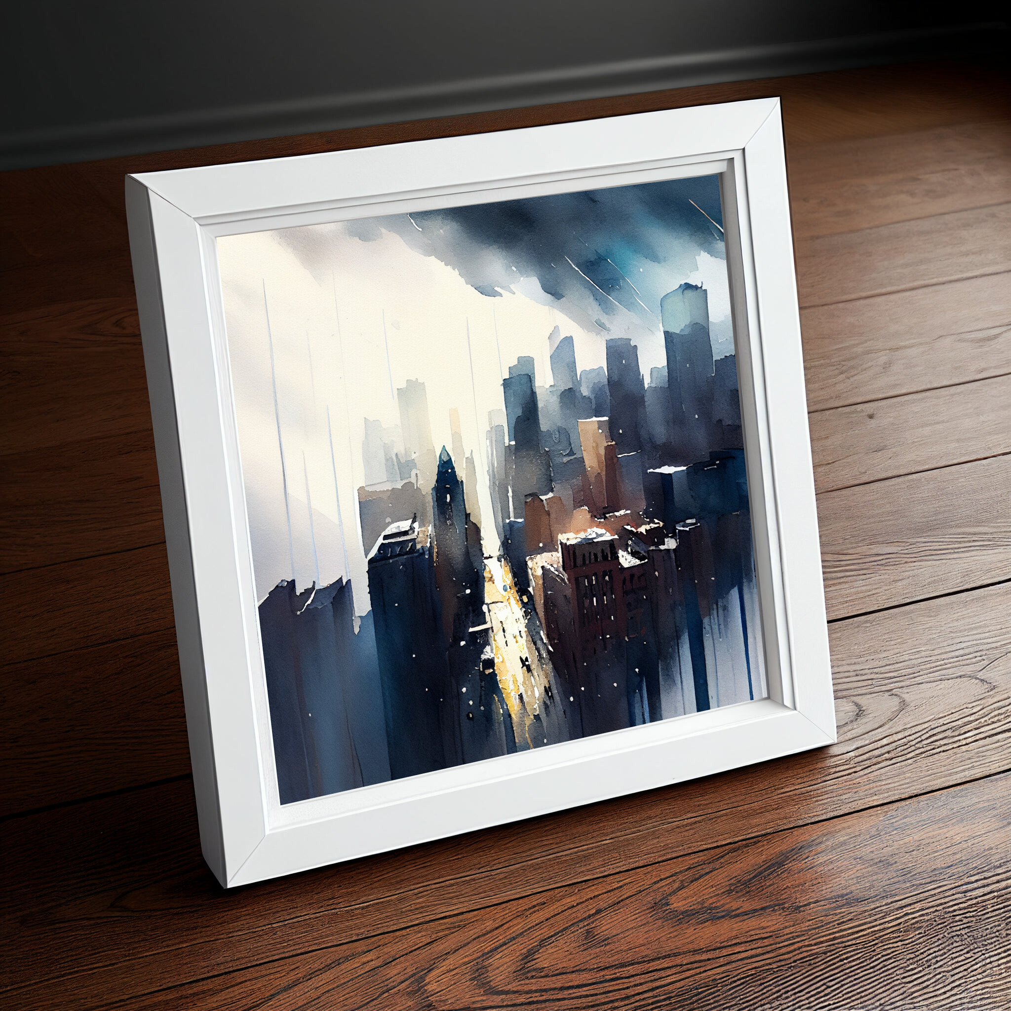 New York Cityscape Watercolor Blue Art Living Room Wall Art | Urban Scene Home Decor -