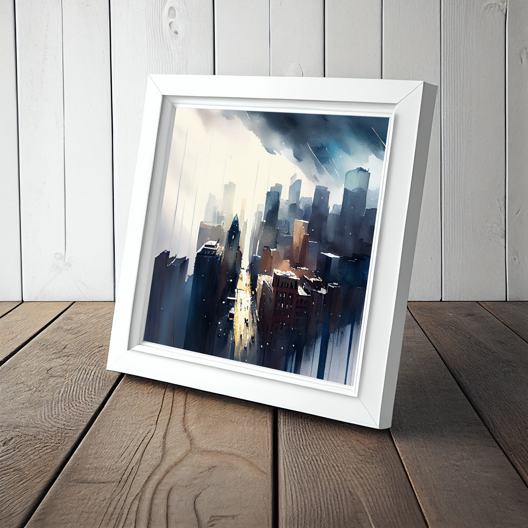 New York Cityscape Watercolor Blue Art Living Room Wall Art | Urban Scene Home Decor -