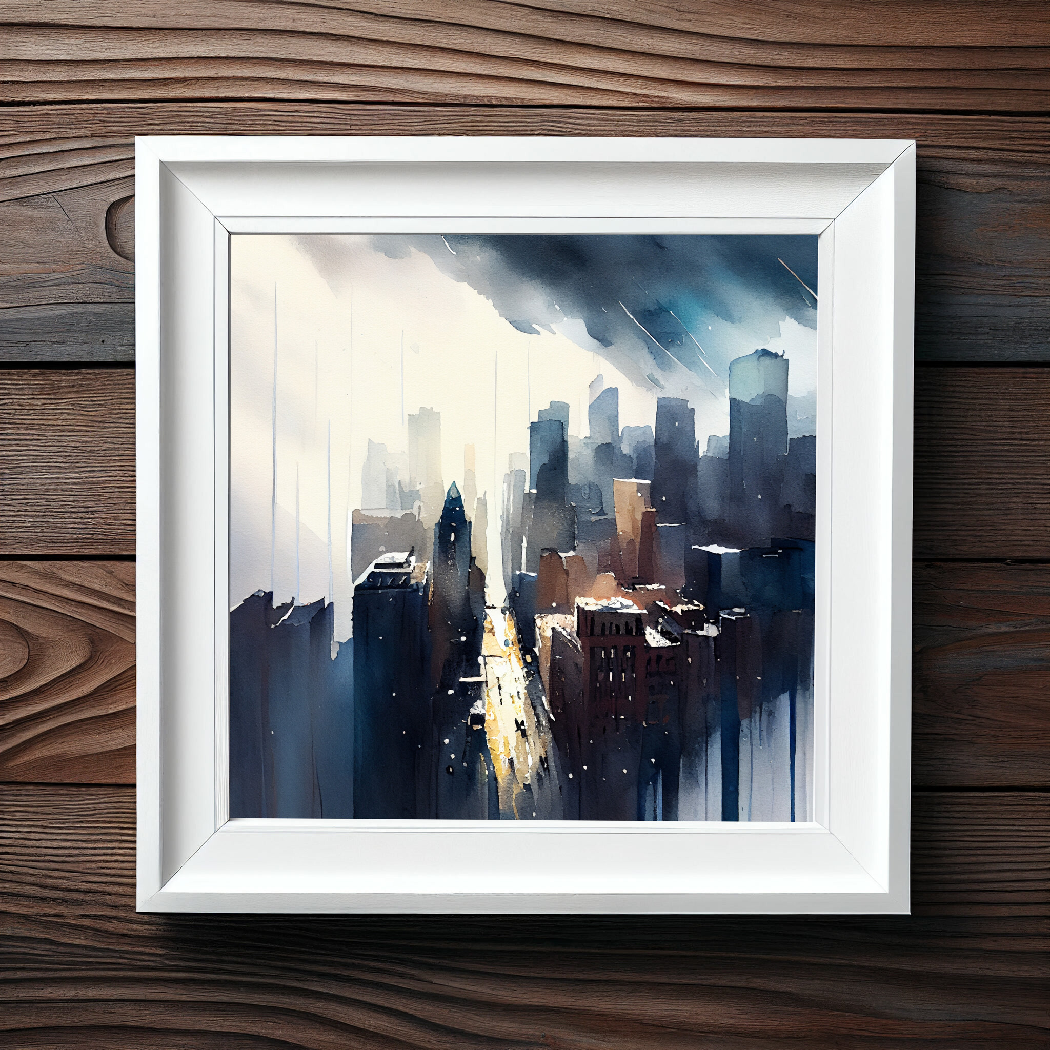 New York Cityscape Watercolor Blue Art Living Room Wall Art | Urban Scene Home Decor -