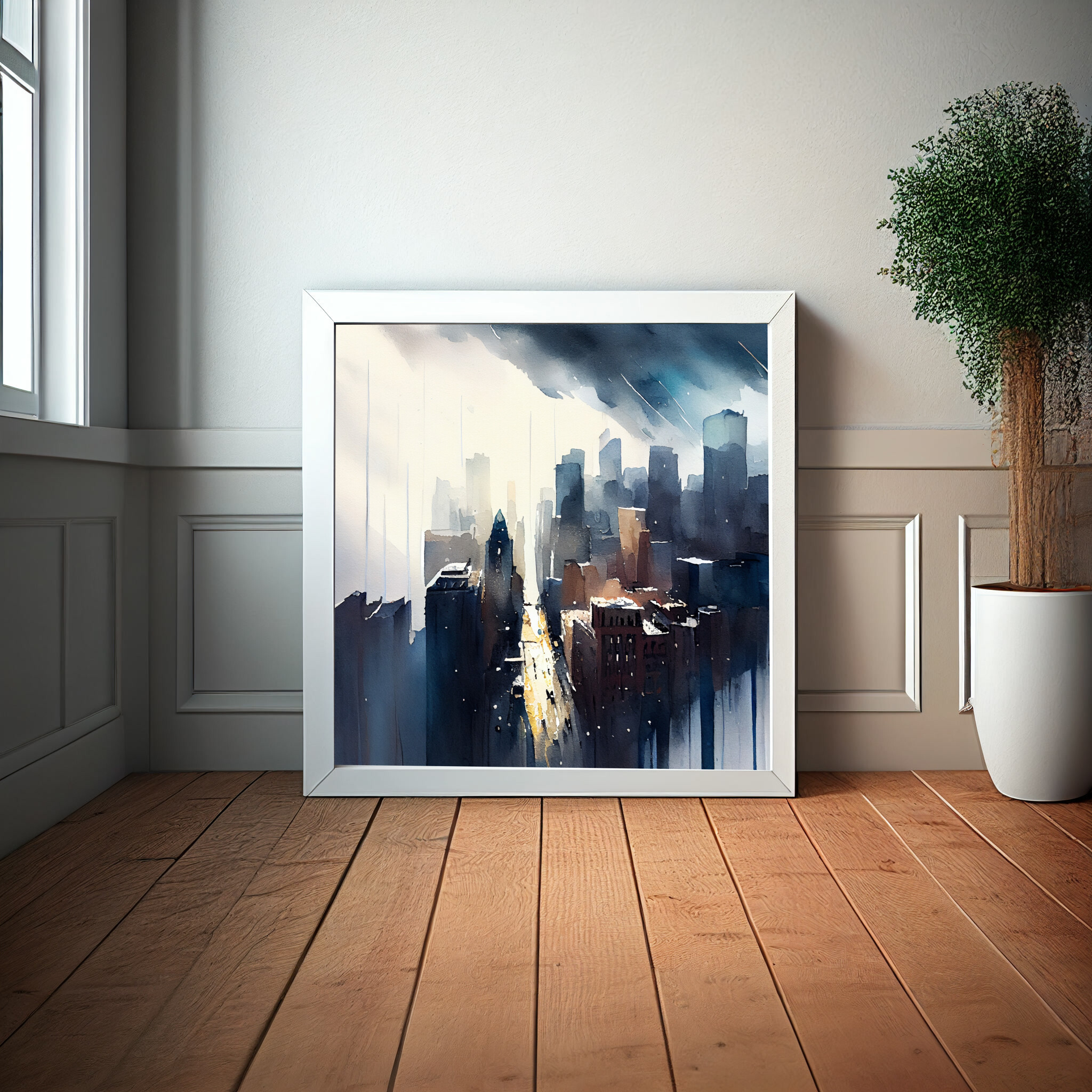New York Cityscape Watercolor Blue Art Living Room Wall Art | Urban Scene Home Decor -