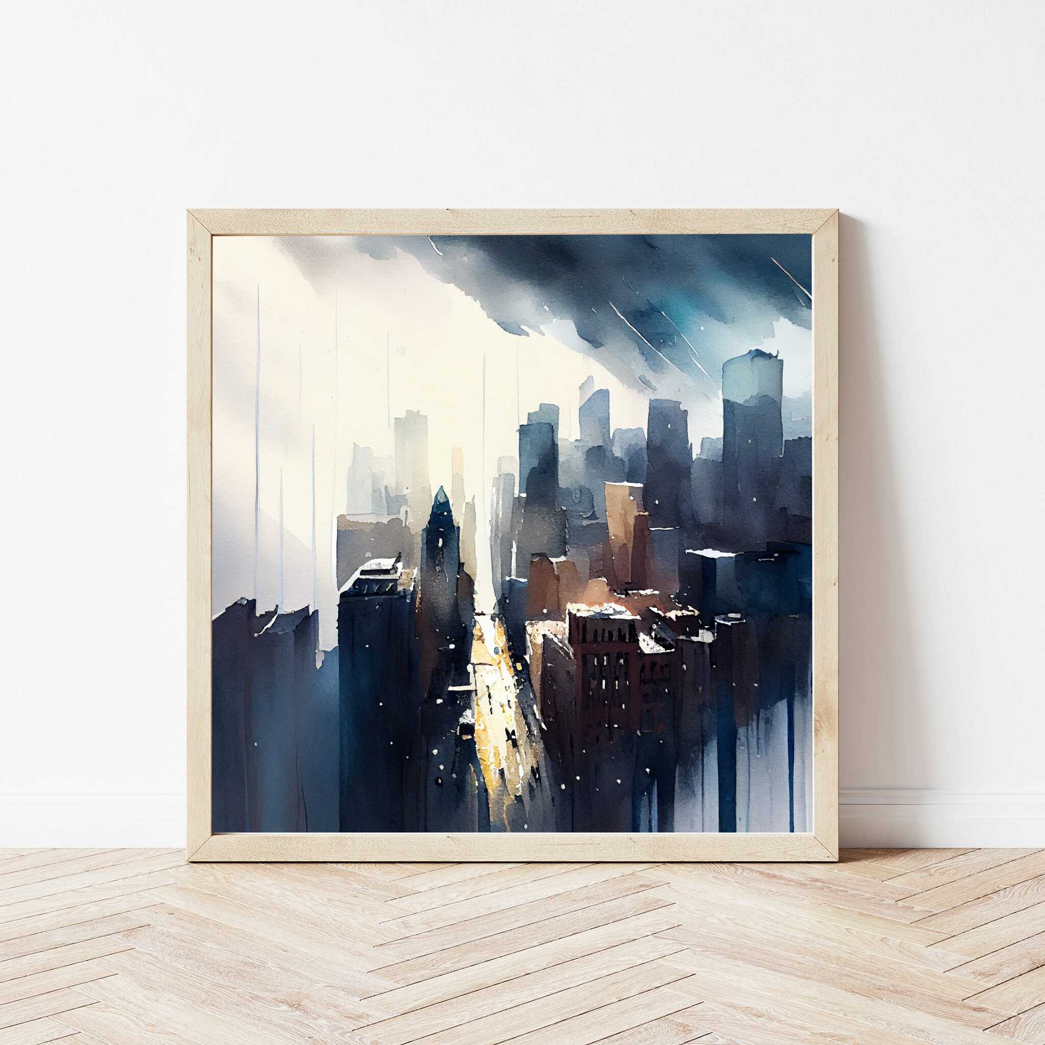 New York Cityscape Watercolor Blue Art Living Room Wall Art | Urban Scene Home Decor -