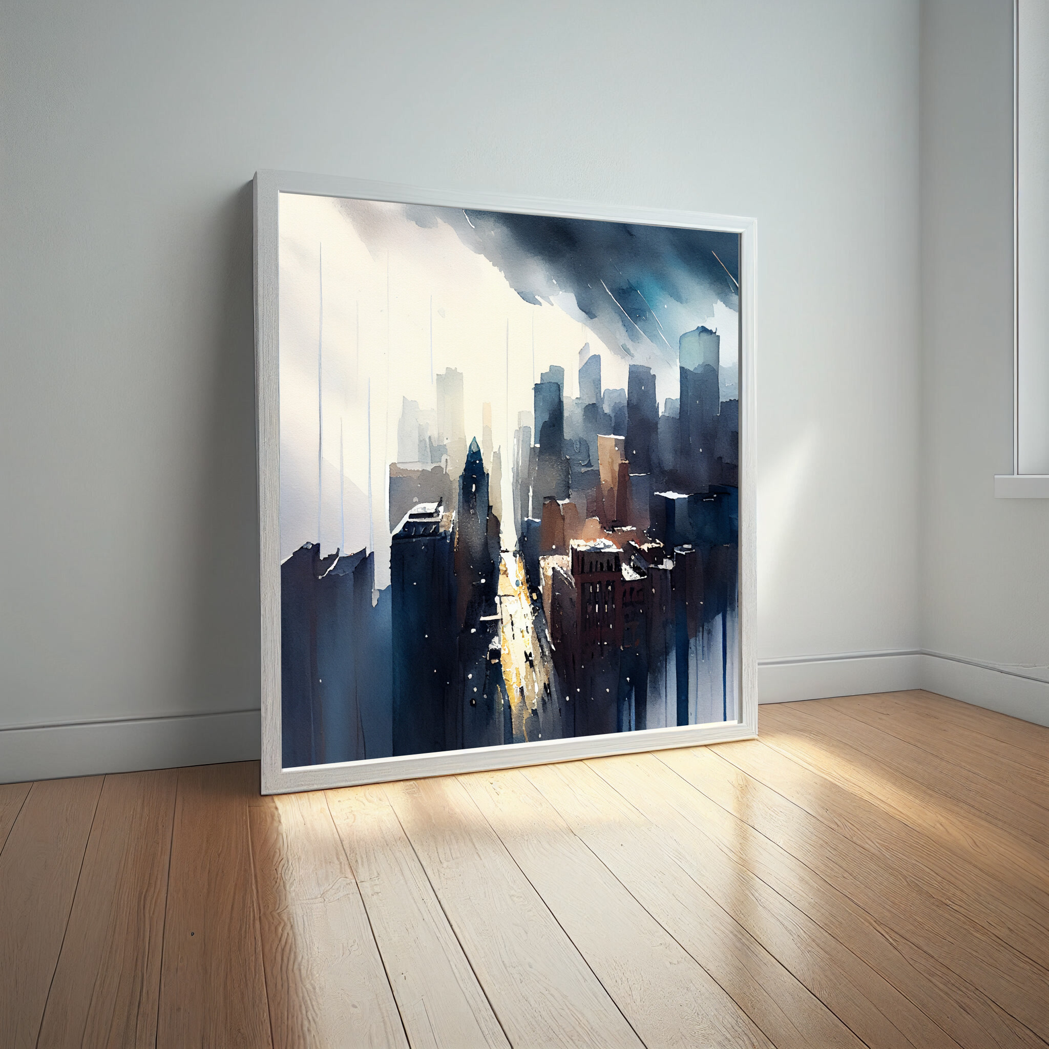 New York Cityscape Watercolor Blue Art Living Room Wall Art | Urban Scene Home Decor -