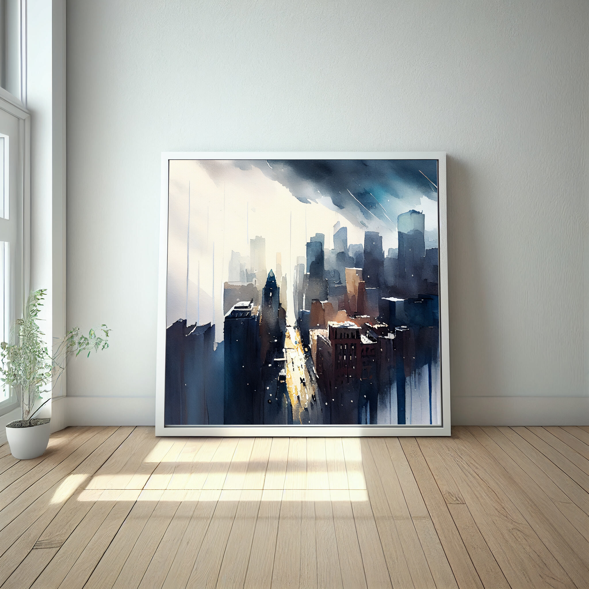 New York Cityscape Watercolor Blue Art Living Room Wall Art | Urban Scene Home Decor -