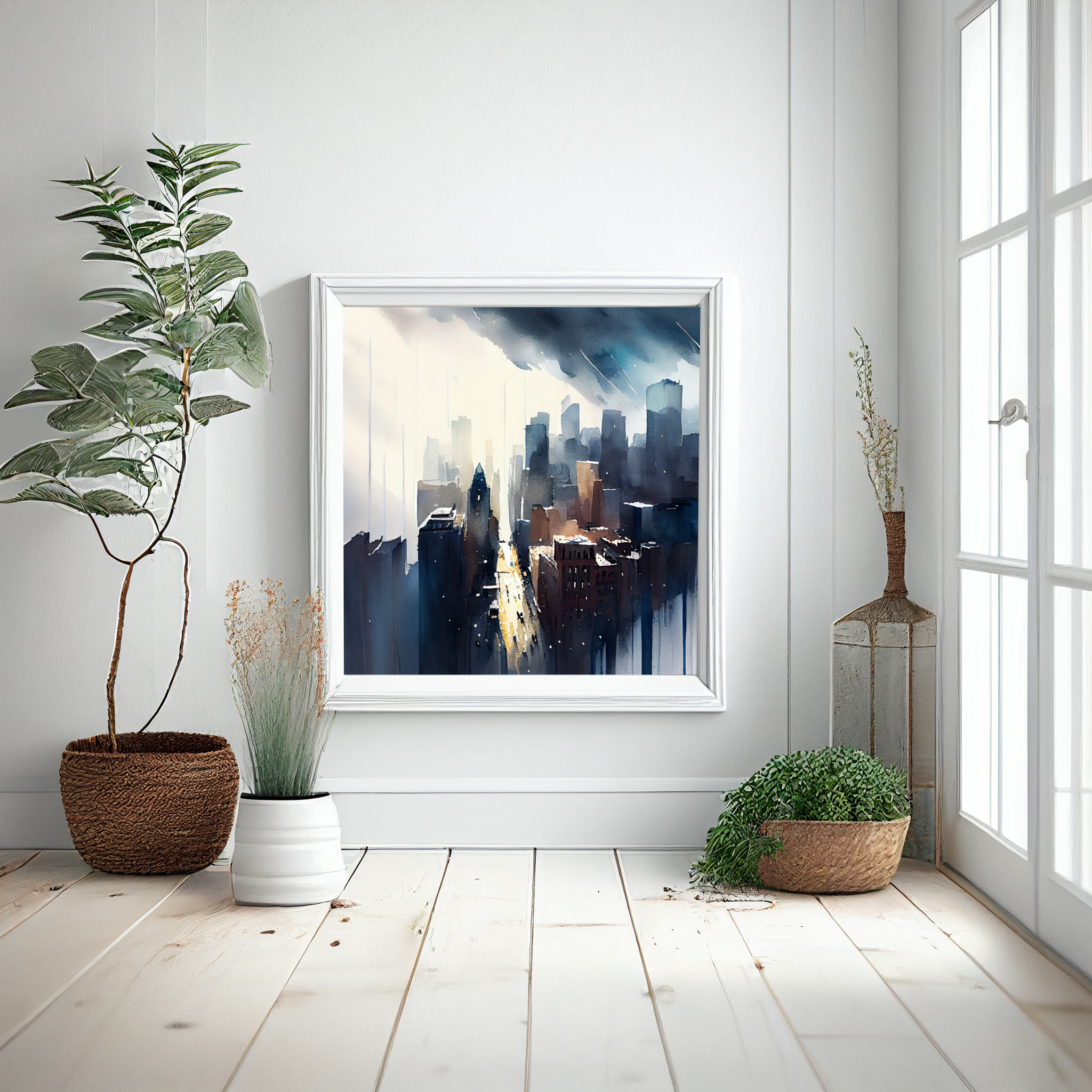 New York Cityscape Watercolor Blue Art Living Room Wall Art | Urban Scene Home Decor -