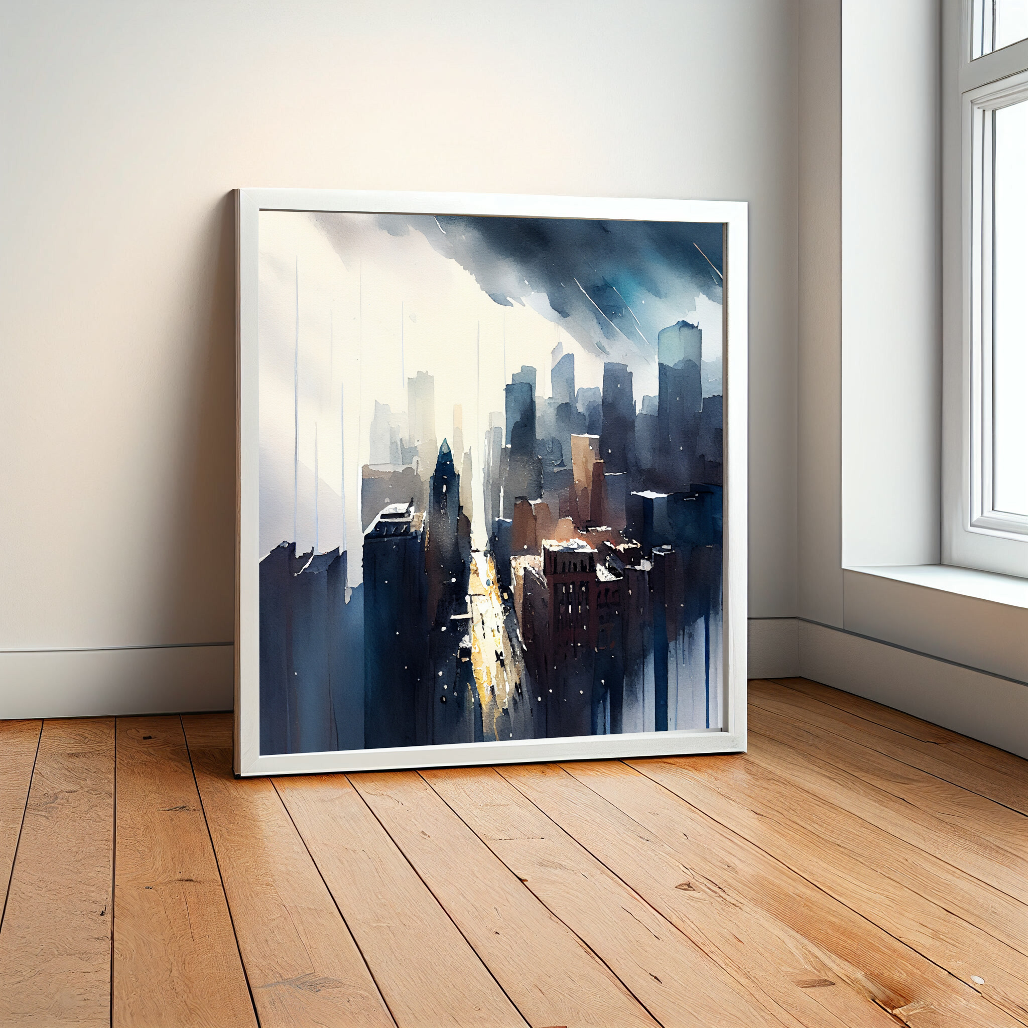 New York Cityscape Watercolor Blue Art Living Room Wall Art | Urban Scene Home Decor -