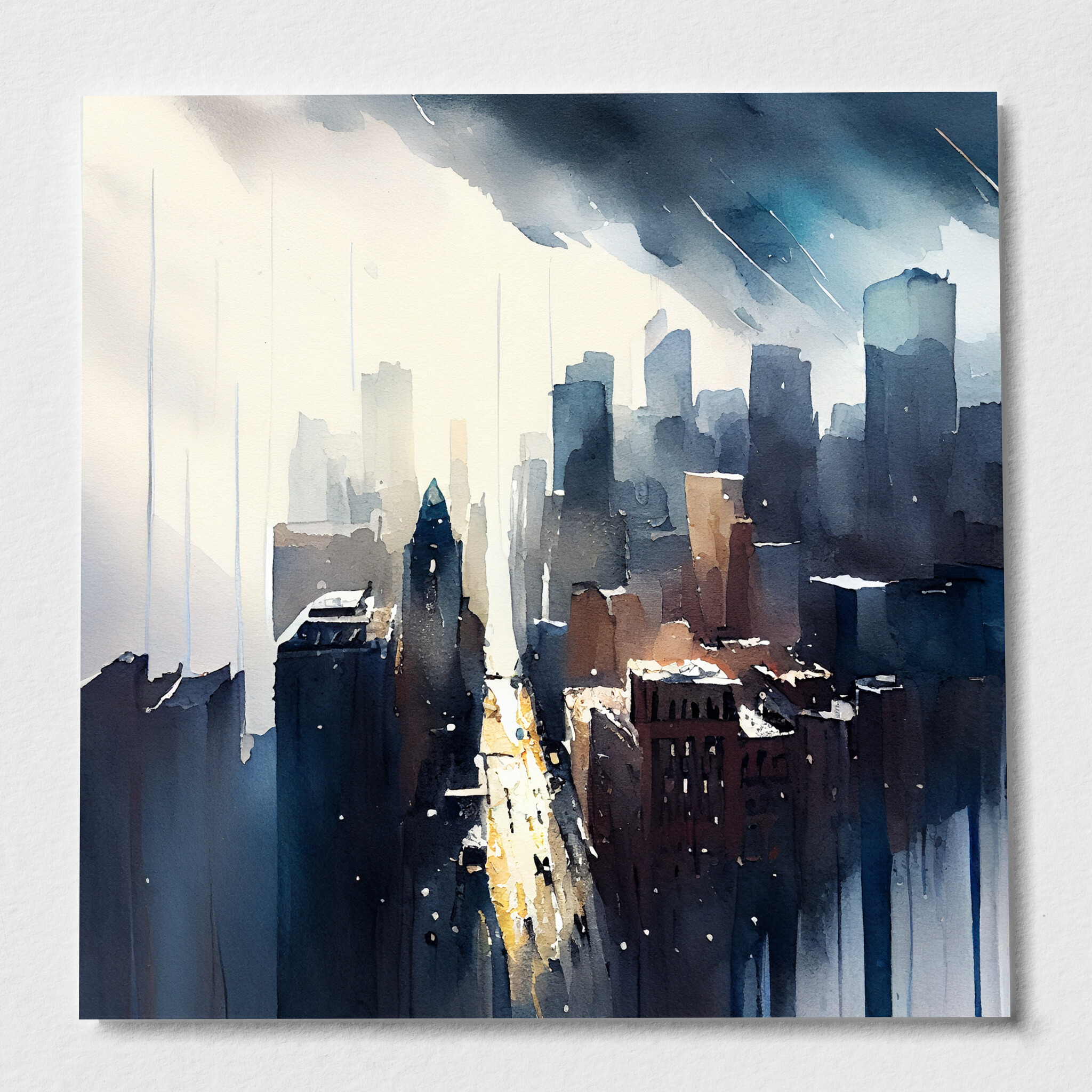 New York Cityscape Watercolor Blue Art Living Room Wall Art | Urban Scene Home Decor - P