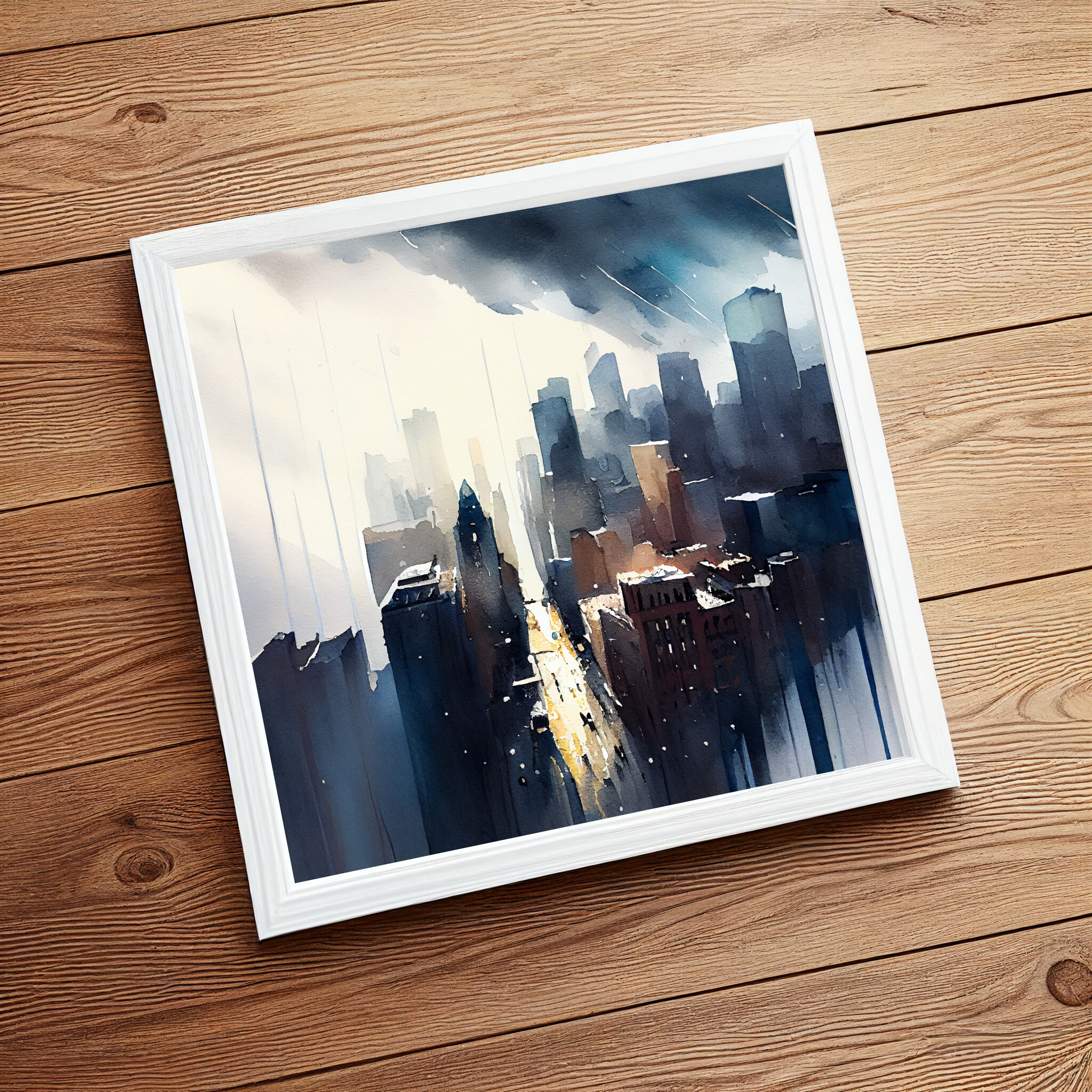 New York Cityscape Watercolor Blue Art Living Room Wall Art | Urban Scene Home Decor -