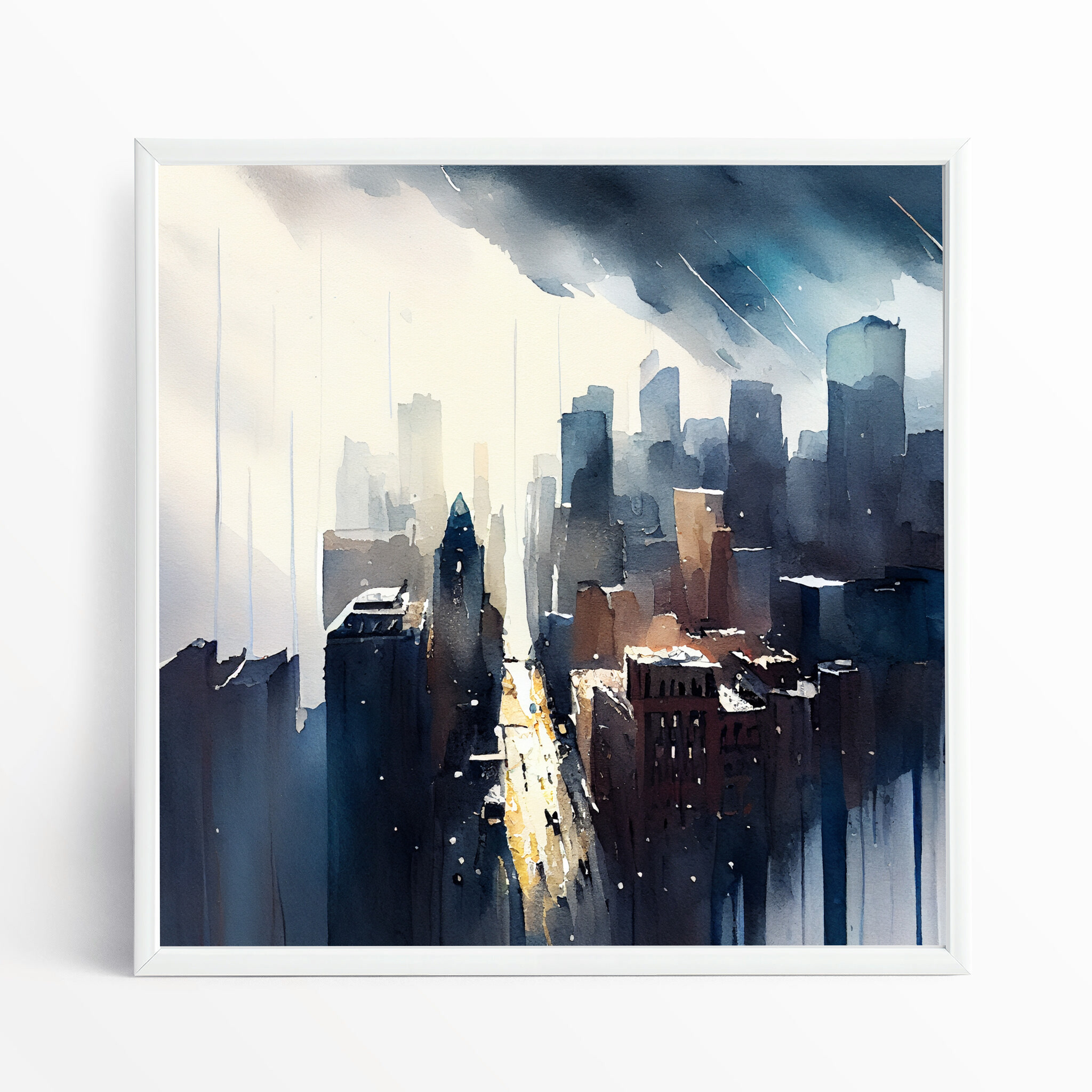 New York Cityscape Watercolor Blue Art Living Room Wall Art | Urban Scene Home Decor - WFP