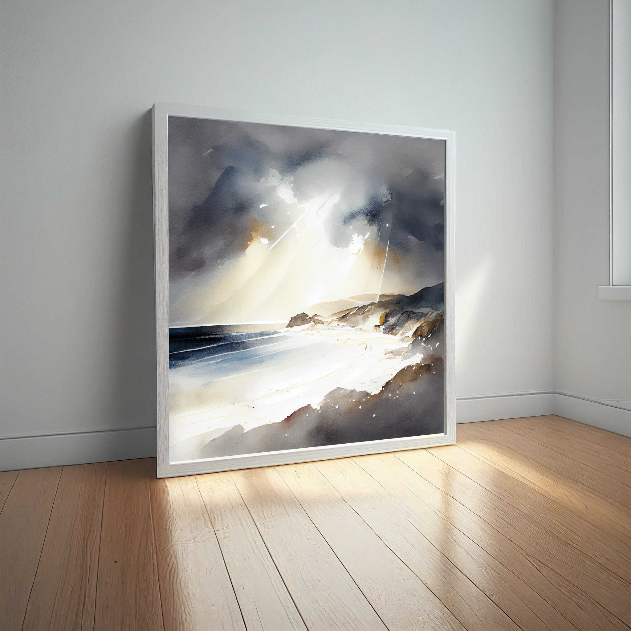 Cornwall Beach Impressionist Blue Art Living Room Wall Art | Coastal Home Decor -