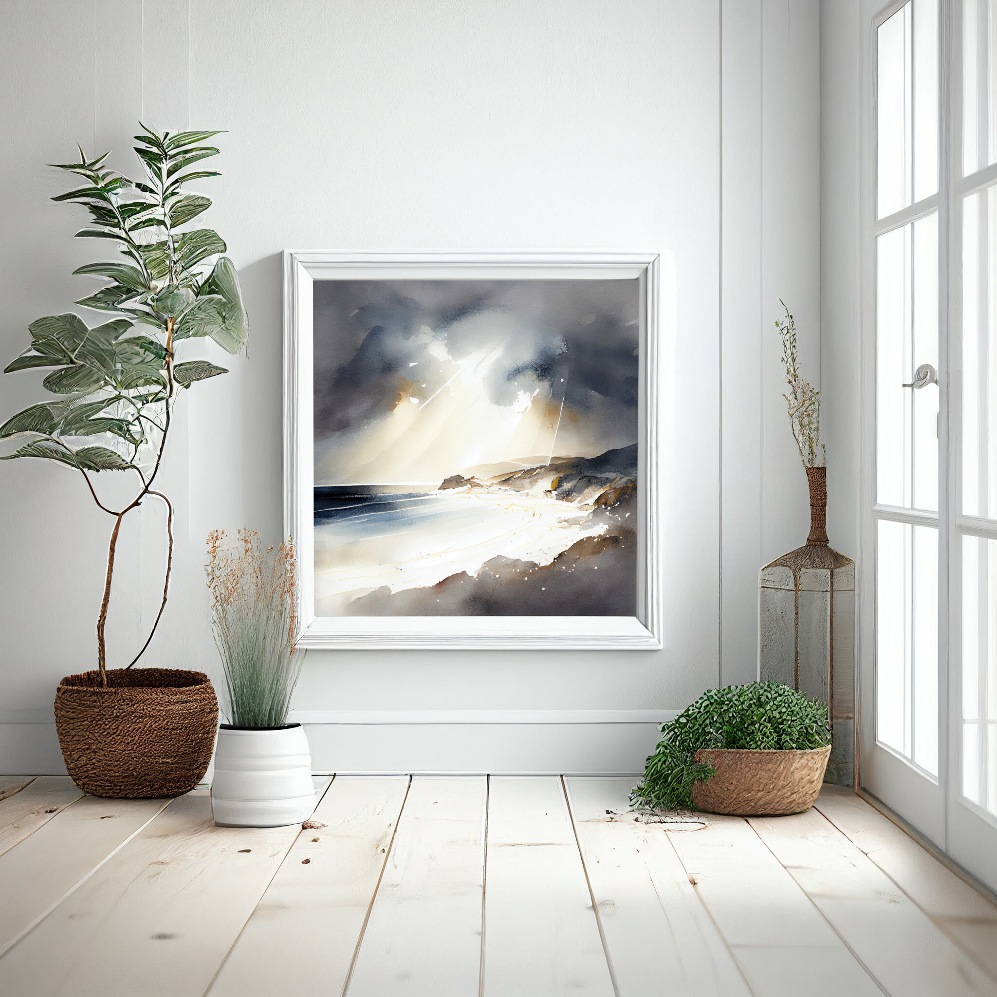 Cornwall Beach Impressionist Blue Art Living Room Wall Art | Coastal Home Decor -