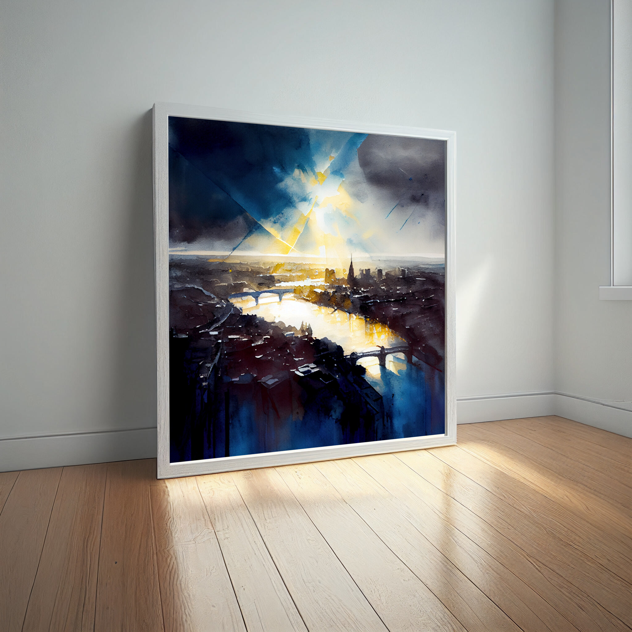 London Impressionist Blue Cityscape Wall Art | Gold Accents Bedroom Decor Canvas Print -