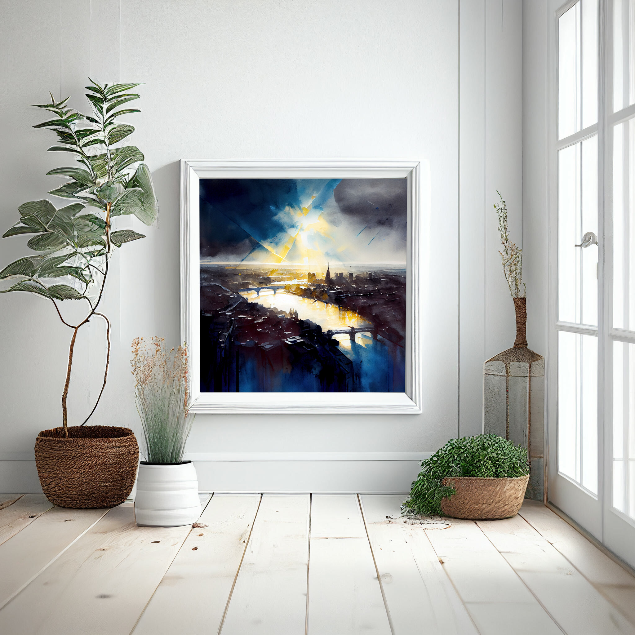 London Impressionist Blue Cityscape Wall Art | Gold Accents Bedroom Decor Canvas Print -