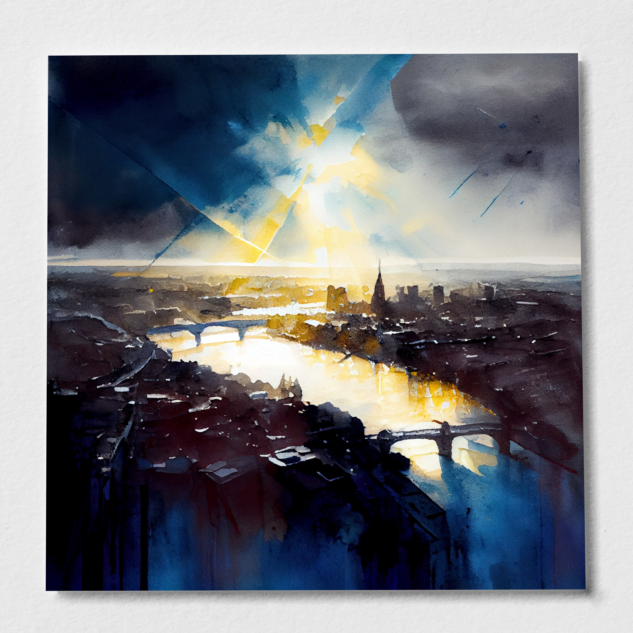 London Impressionist Blue Cityscape Wall Art | Gold Accents Bedroom Decor Canvas Print - P