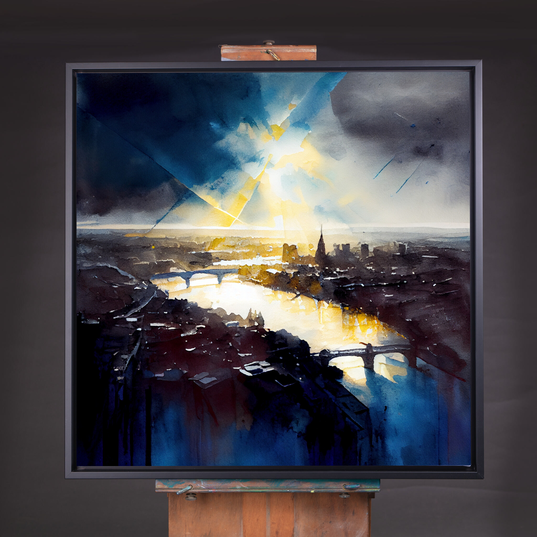 London Impressionist Blue Cityscape Wall Art | Gold Accents Bedroom Decor Canvas Print - CBF