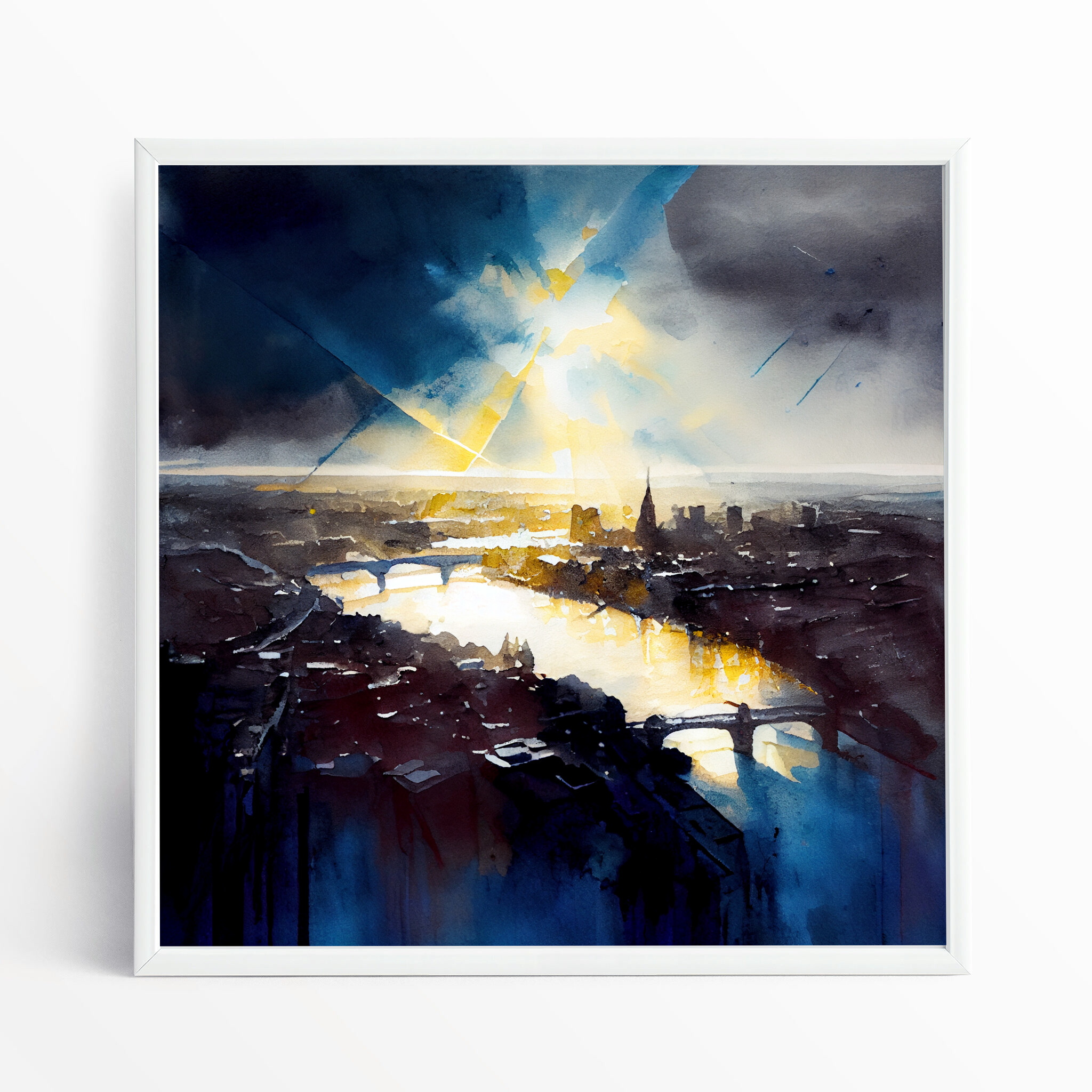 London Impressionist Blue Cityscape Wall Art | Gold Accents Bedroom Decor Canvas Print - WFP