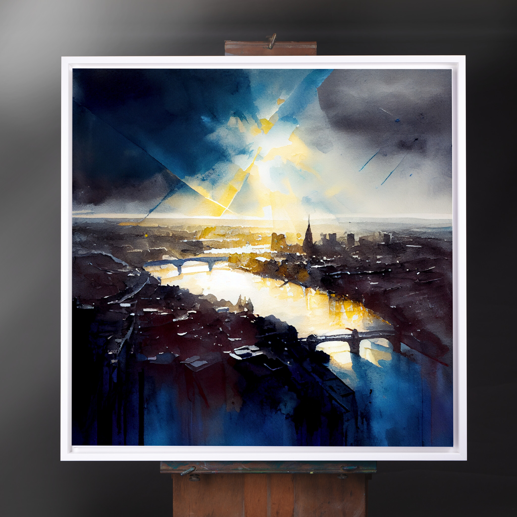 London Impressionist Blue Cityscape Wall Art | Gold Accents Bedroom Decor Canvas Print - CWF
