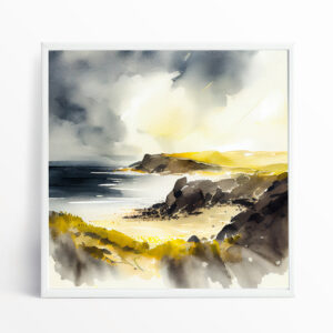 Cornish Coast Watercolour Blue Beach Living Room Art | Coastal Wall Decor