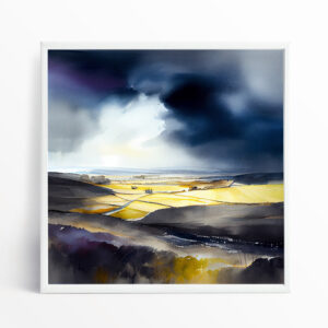 Cotswolds Watercolor Landscape Blue Hues Living Room Art | Golden Fields Home Decor