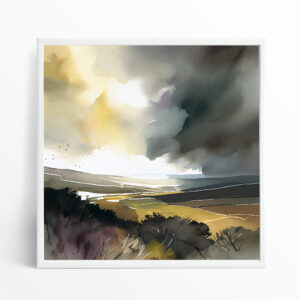 Exmoor Stormy Skies Watercolor Landscape Wall Art | Earth Tones Living Room Decor