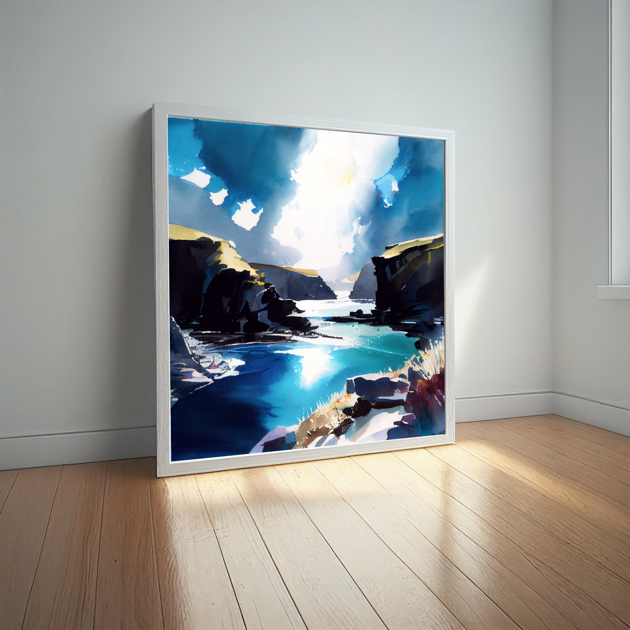 Pembrokeshire Coastal Watercolor Blue Art for Living Room | Serene Seaside Wall Art -