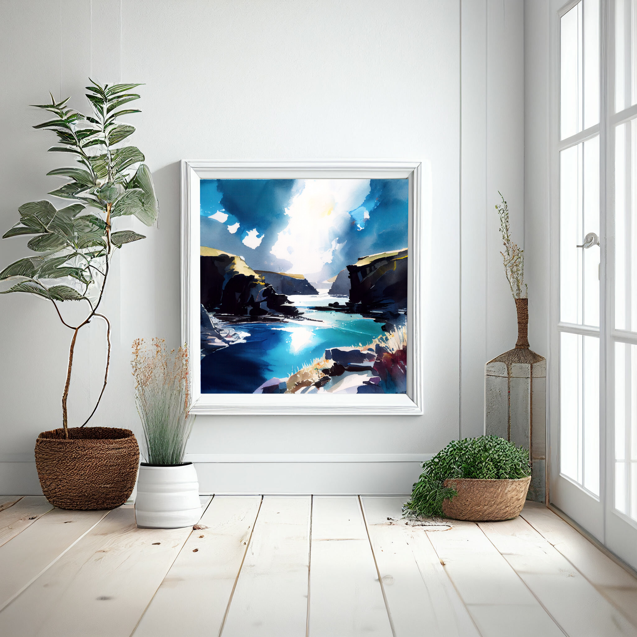 Pembrokeshire Coastal Watercolor Blue Art for Living Room | Serene Seaside Wall Art -