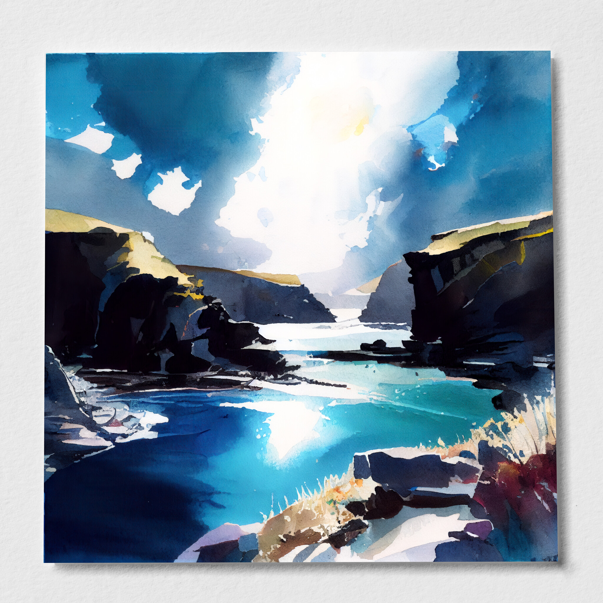 Pembrokeshire Coastal Watercolor Blue Art for Living Room | Serene Seaside Wall Art - P
