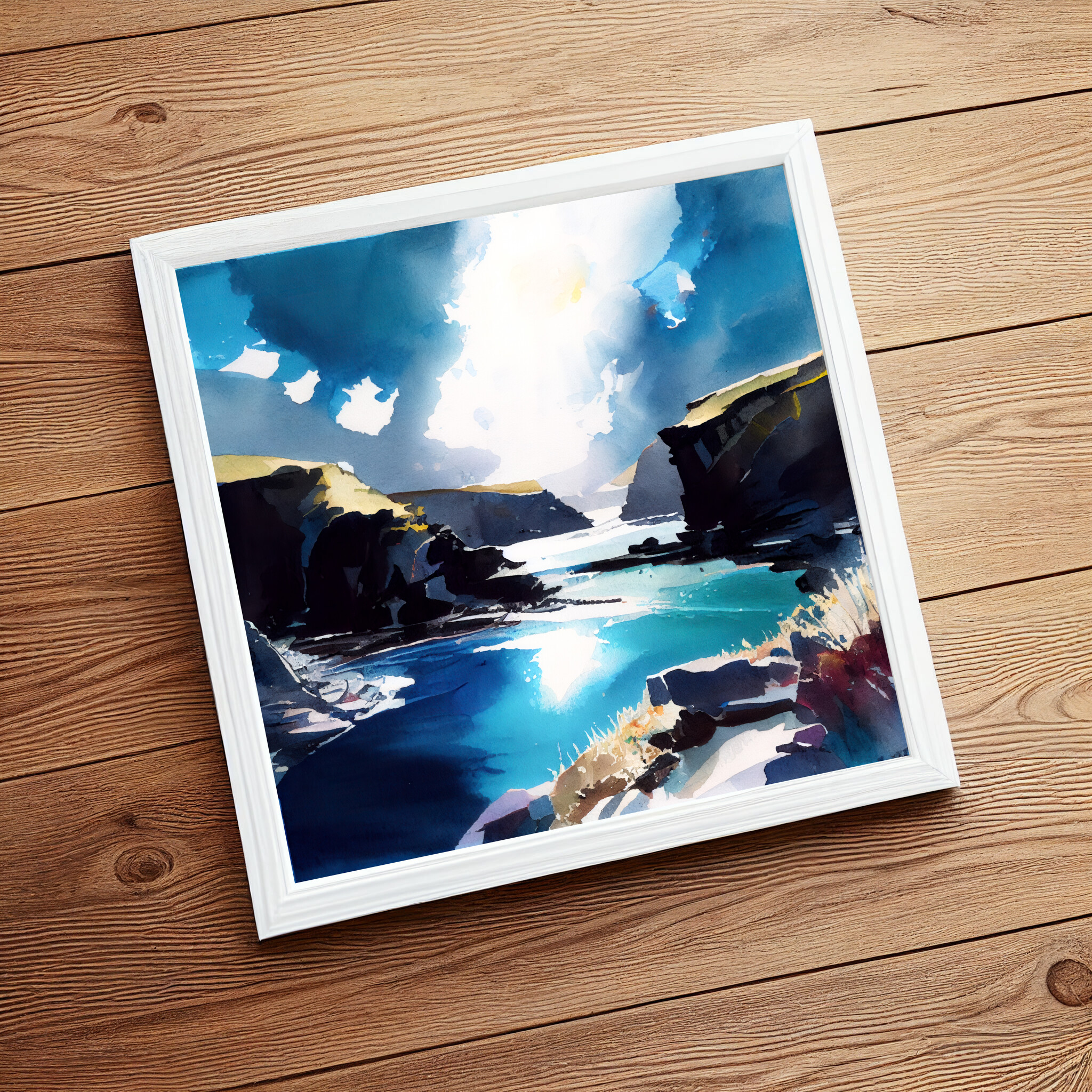 Pembrokeshire Coastal Watercolor Blue Art for Living Room | Serene Seaside Wall Art -