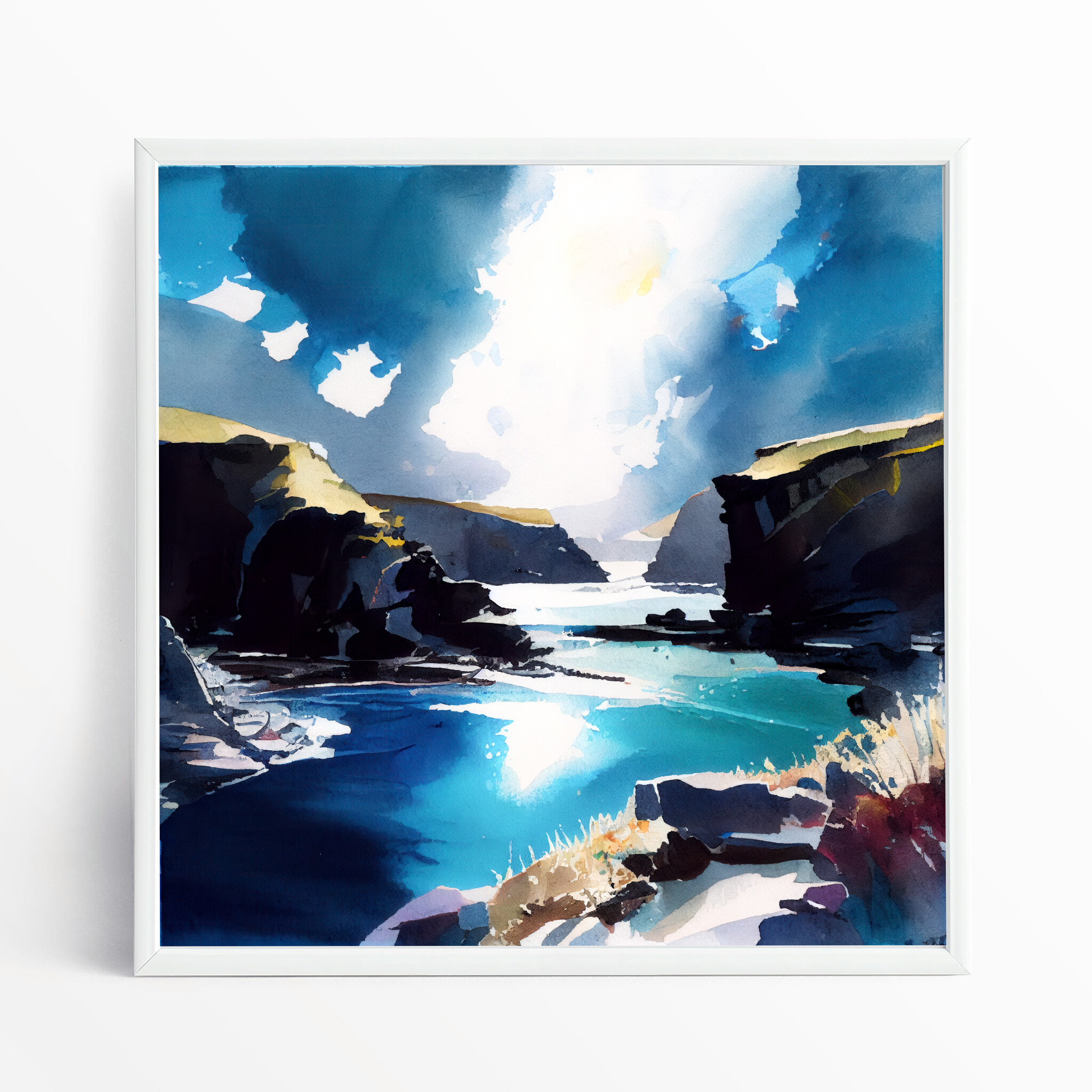 Pembrokeshire Coastal Watercolor Blue Art for Living Room | Serene Seaside Wall Art - WFP