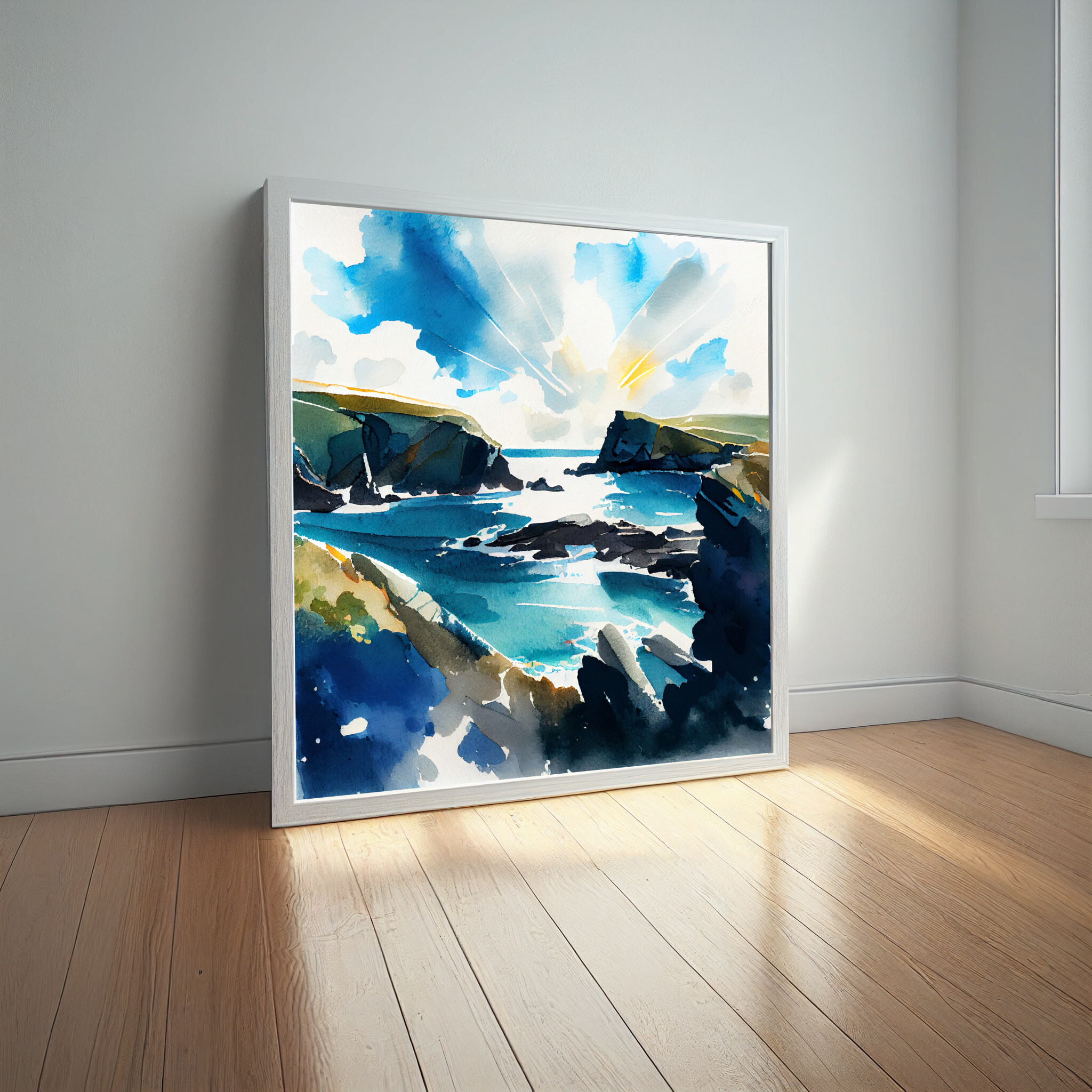 Pembrokeshire Coastal Watercolor Landscape Wall Art | Blue Living Room Decor -