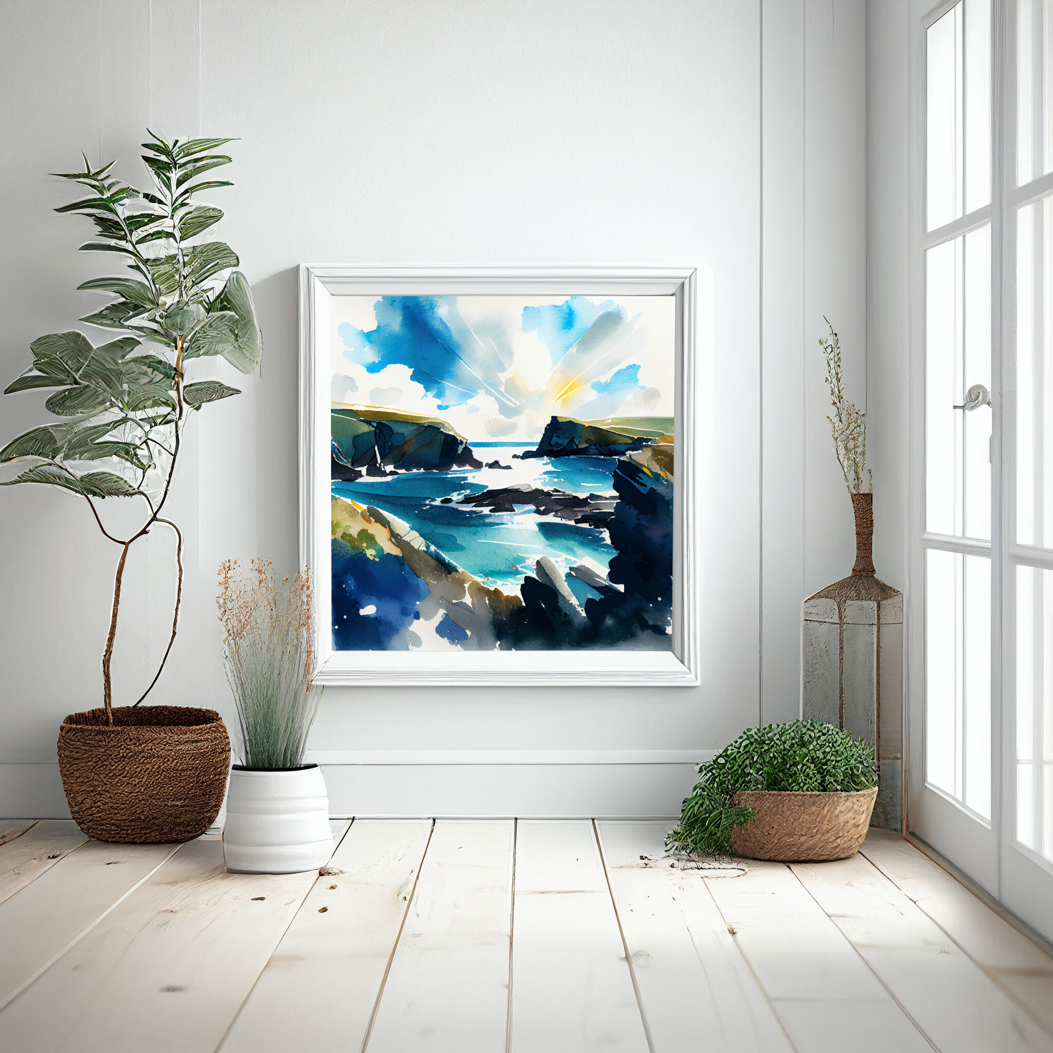 Pembrokeshire Coastal Watercolor Landscape Wall Art | Blue Living Room Decor -