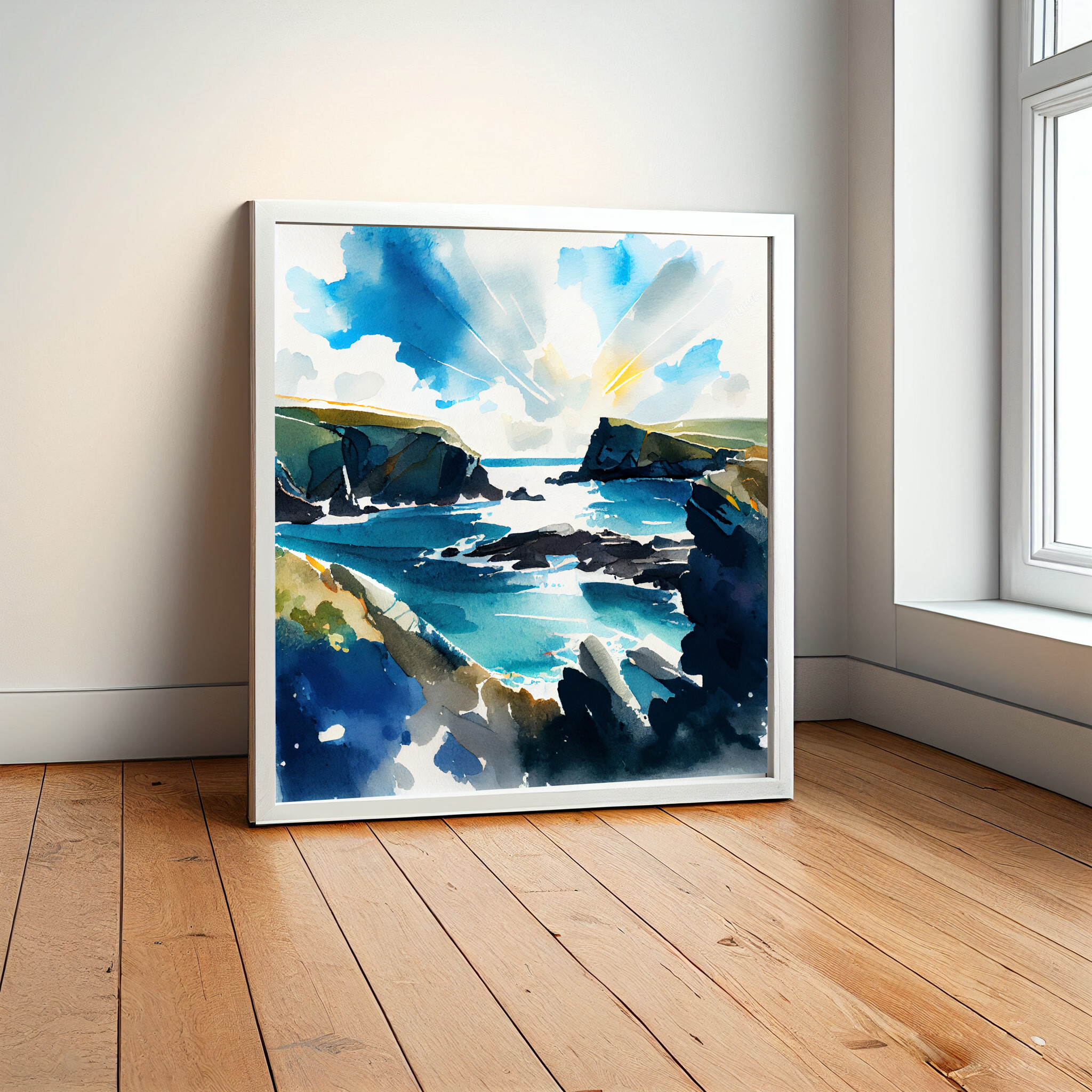 Pembrokeshire Coastal Watercolor Landscape Wall Art | Blue Living Room Decor -