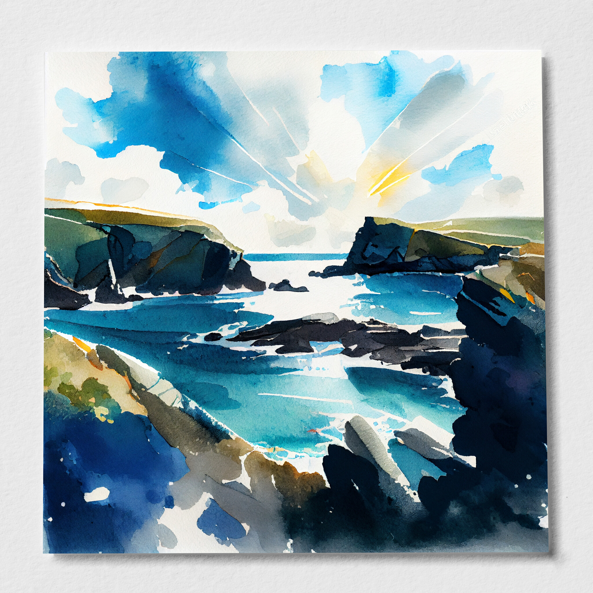 Pembrokeshire Coastal Watercolor Landscape Wall Art | Blue Living Room Decor - P
