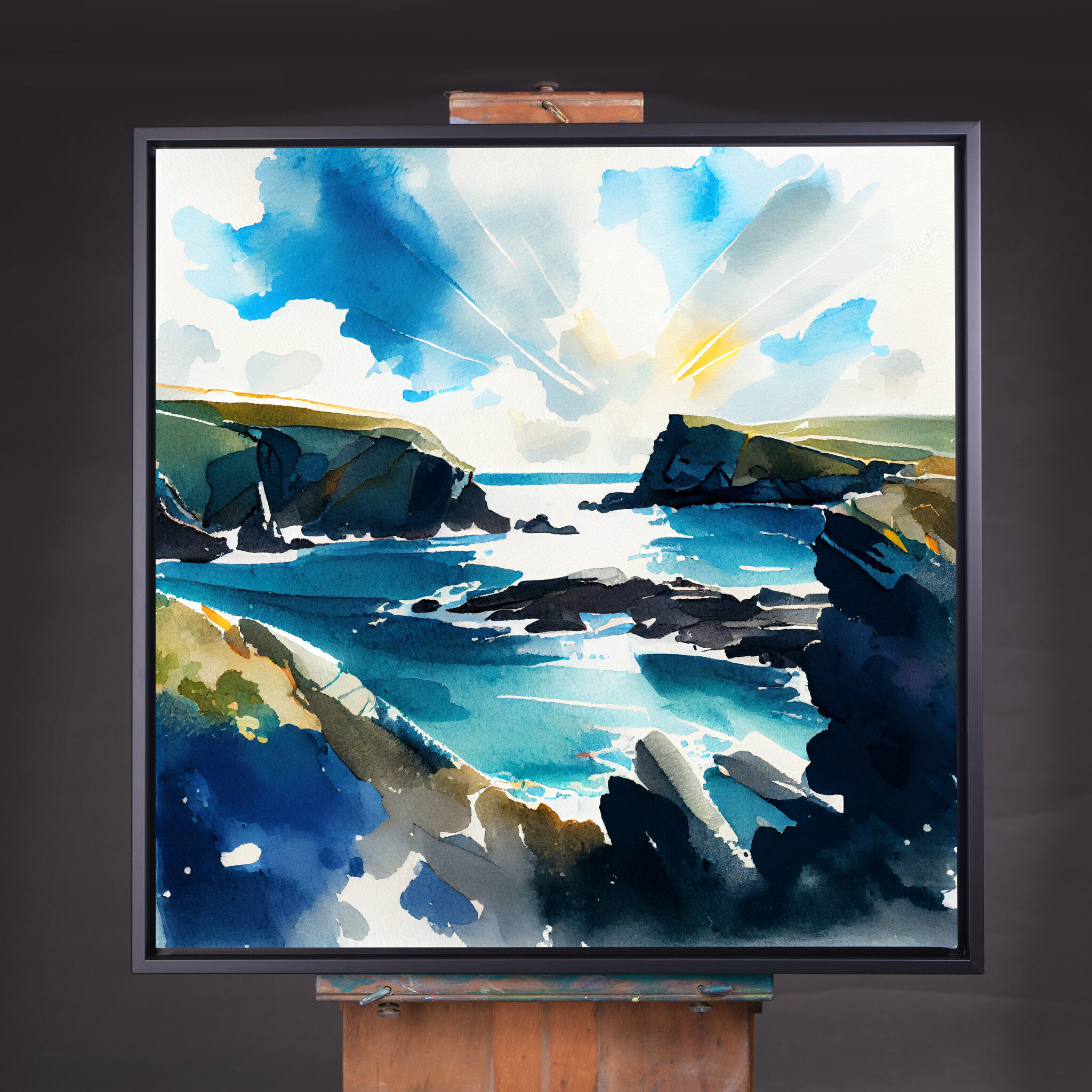 Pembrokeshire Coastal Watercolor Landscape Wall Art | Blue Living Room Decor - CBF