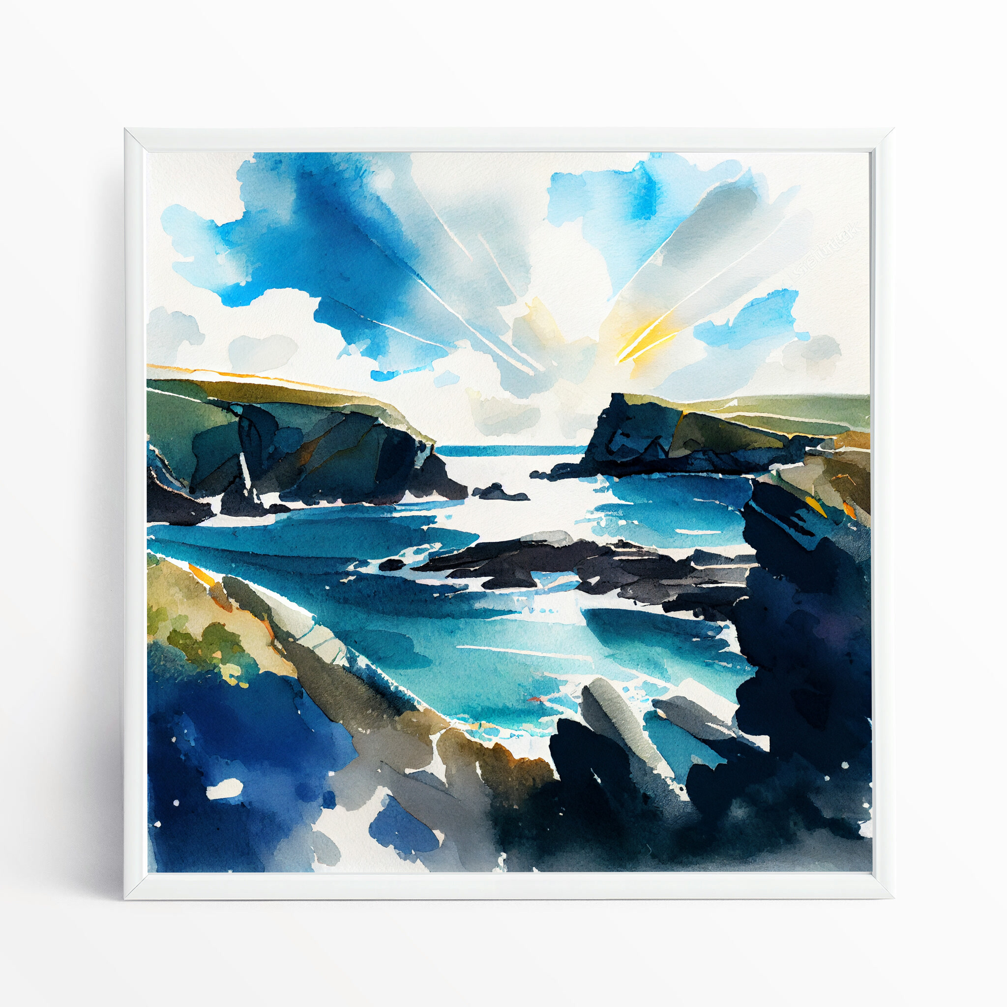 Pembrokeshire Coastal Watercolor Landscape Wall Art | Blue Living Room Decor - WFP